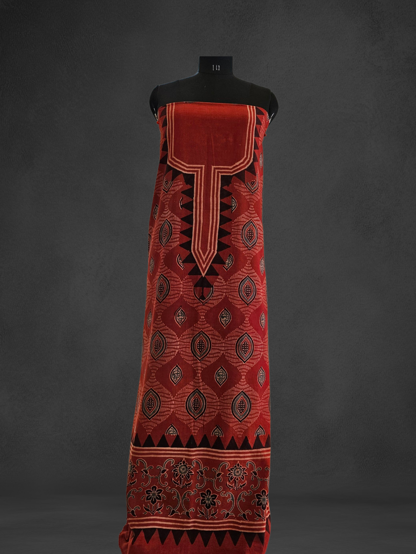 Brick red white'n'black ajrakh print ghera and neck border cotton kurta material