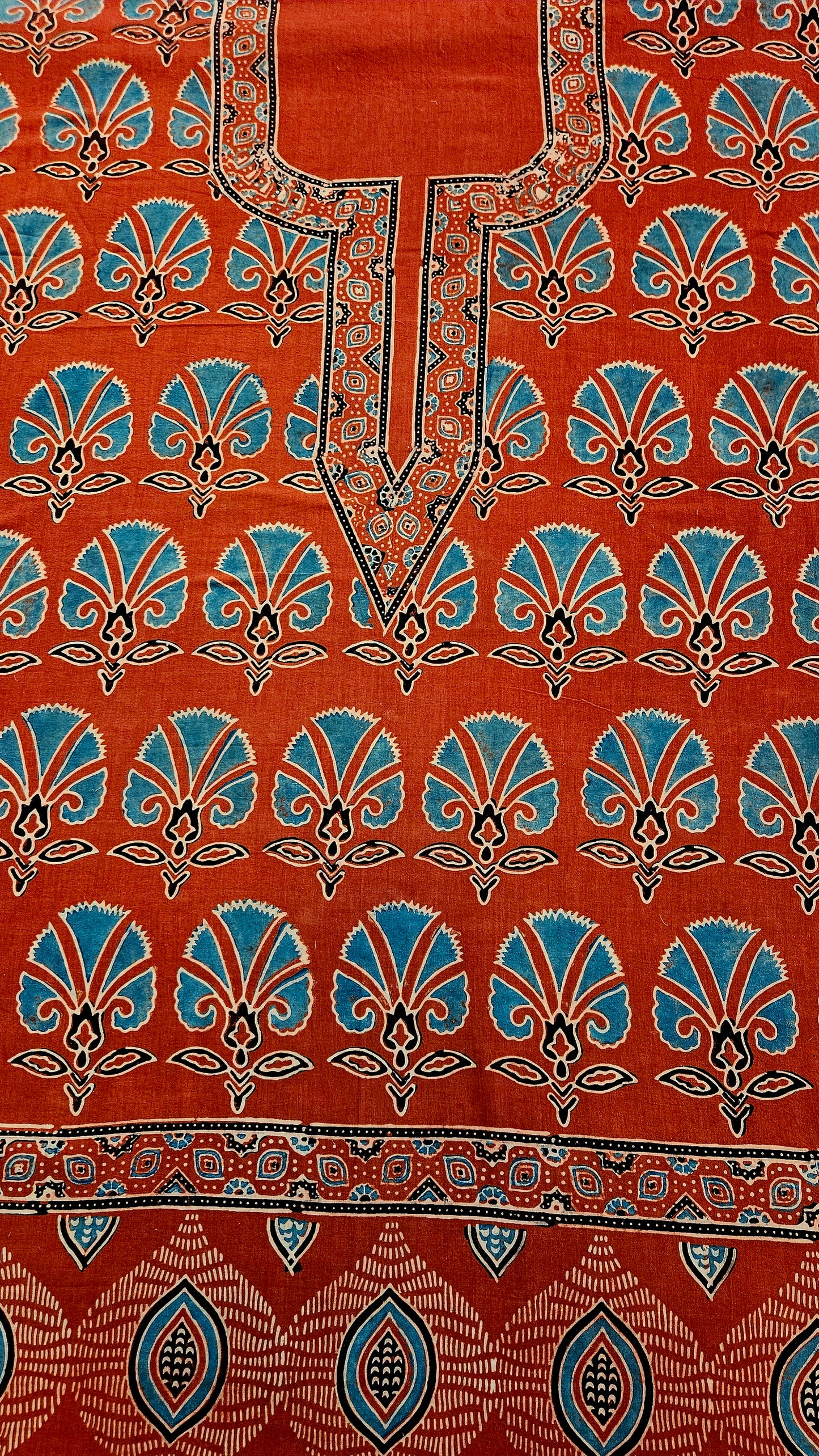 Brick red'n'blue ajrak print with ghera and neck border cotton kurta material