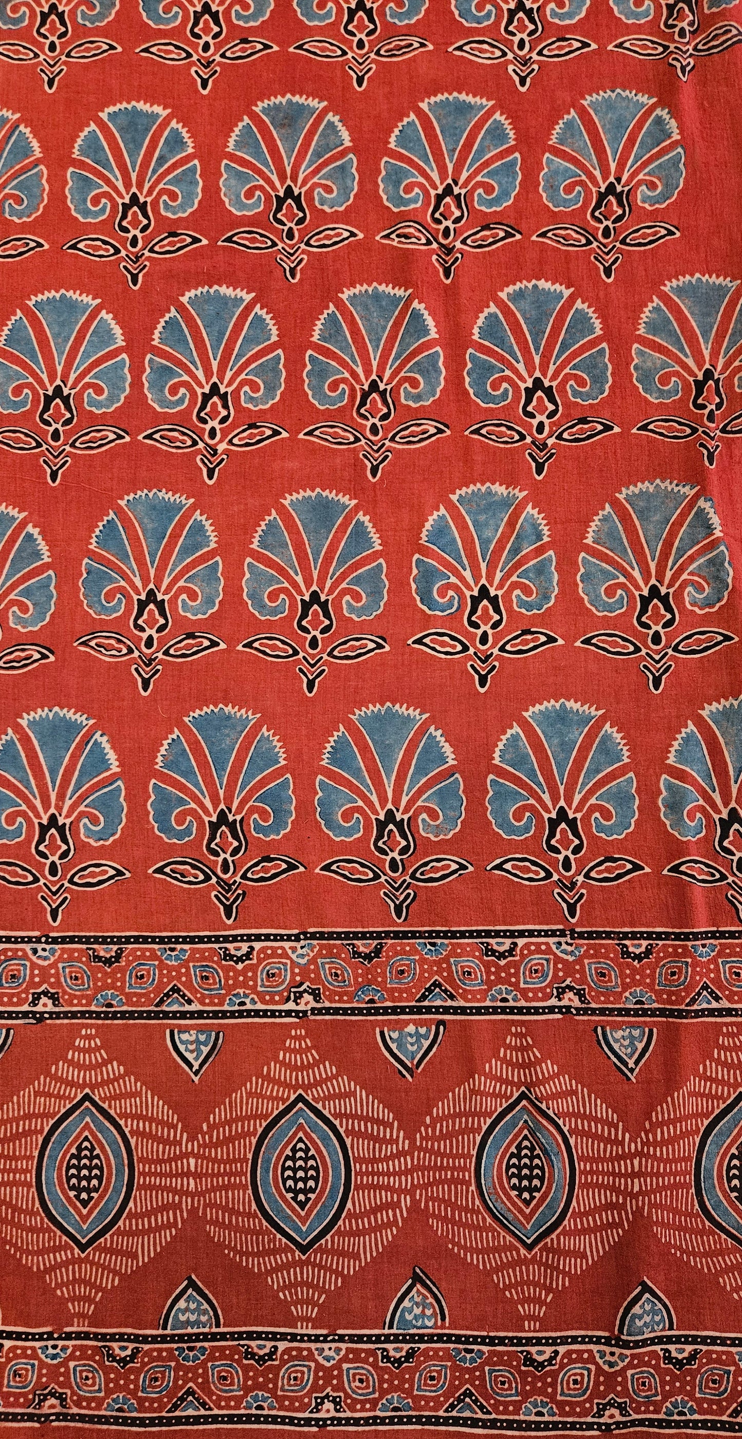 Brick red'n'blue ajrak print with ghera and neck border cotton kurta material