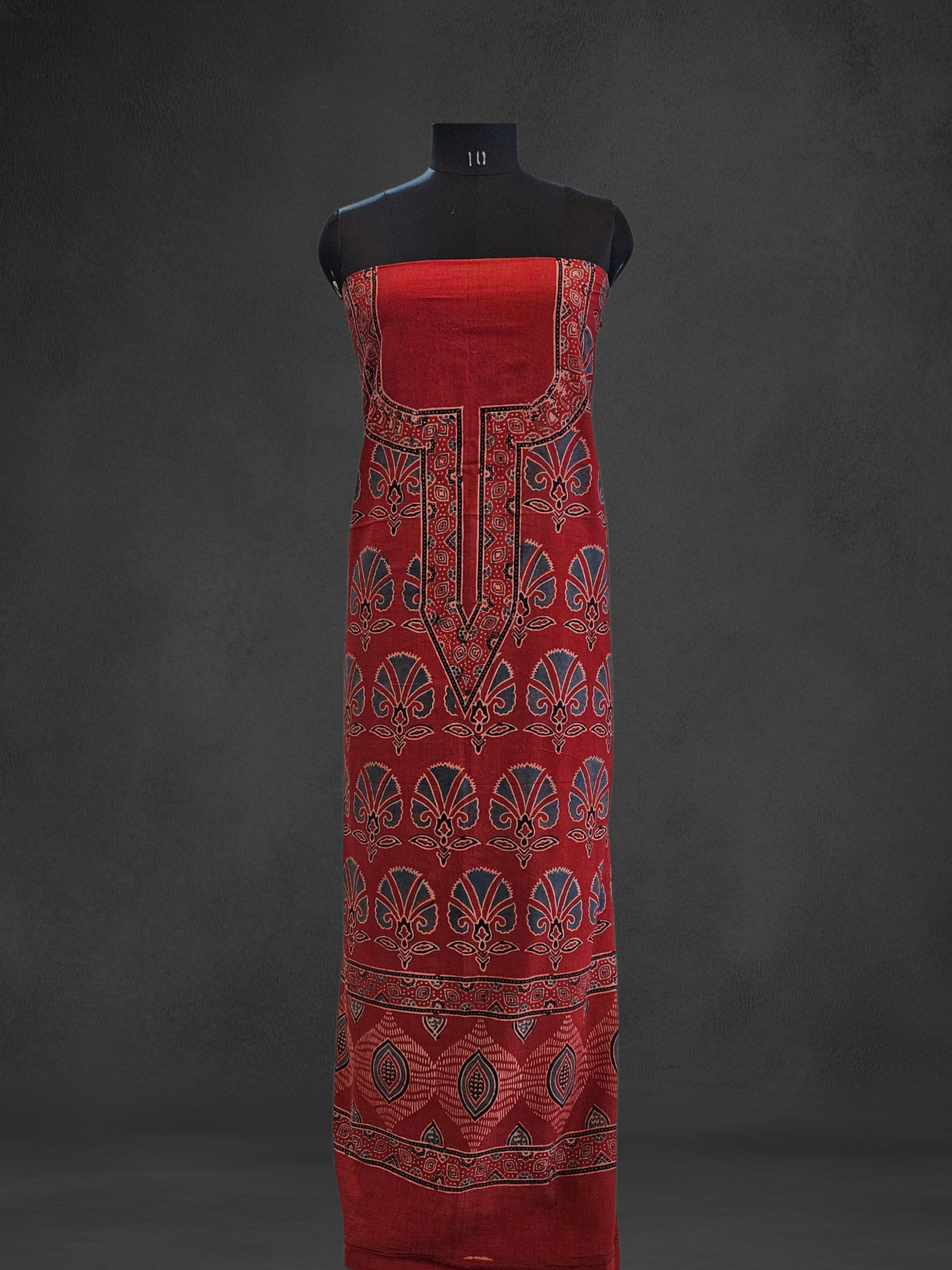 Brick red'n'blue ajrak print with ghera and neck border cotton kurta material