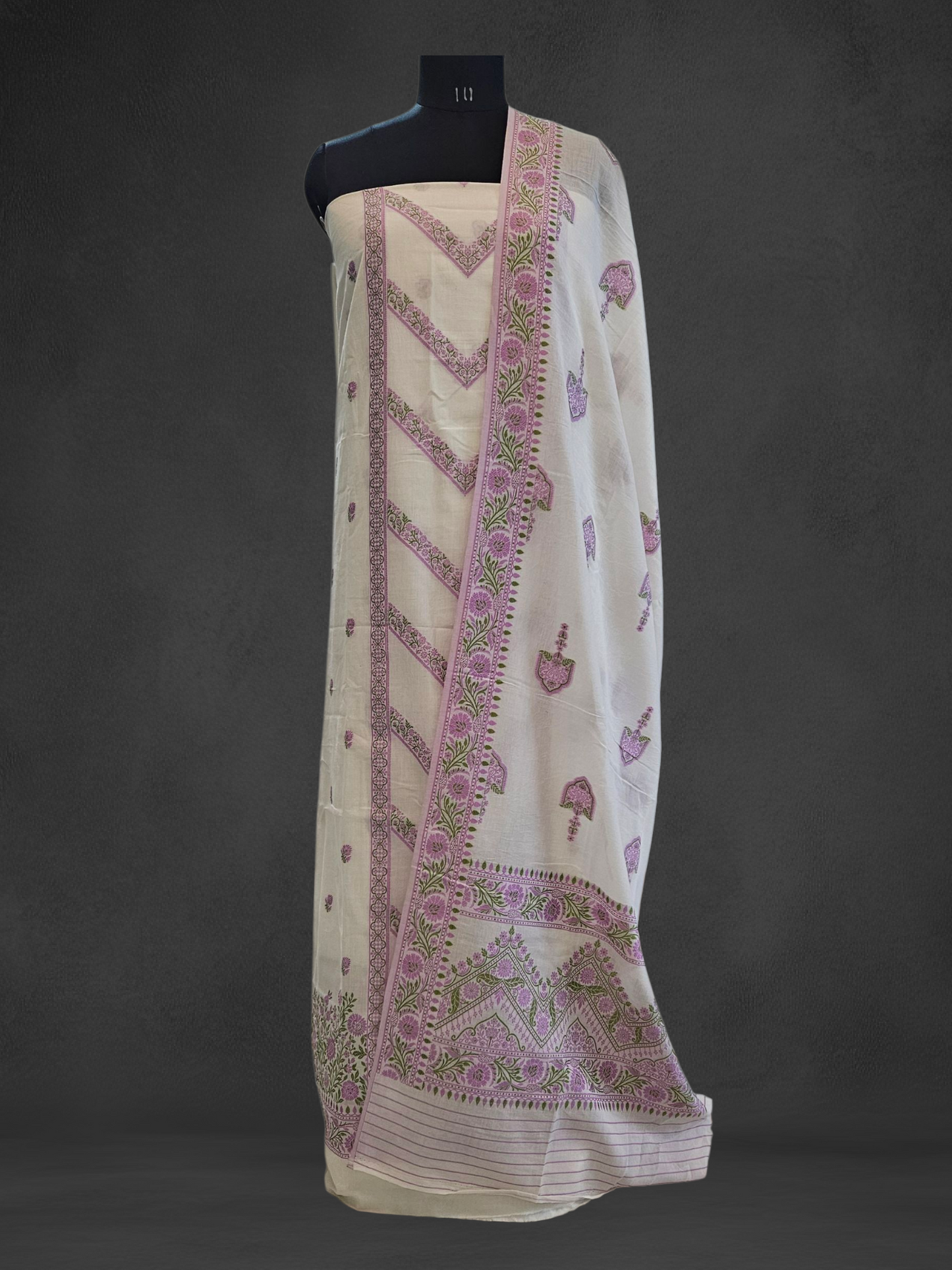 White lilac'n'green premium cotton banarsi resham weaved suit