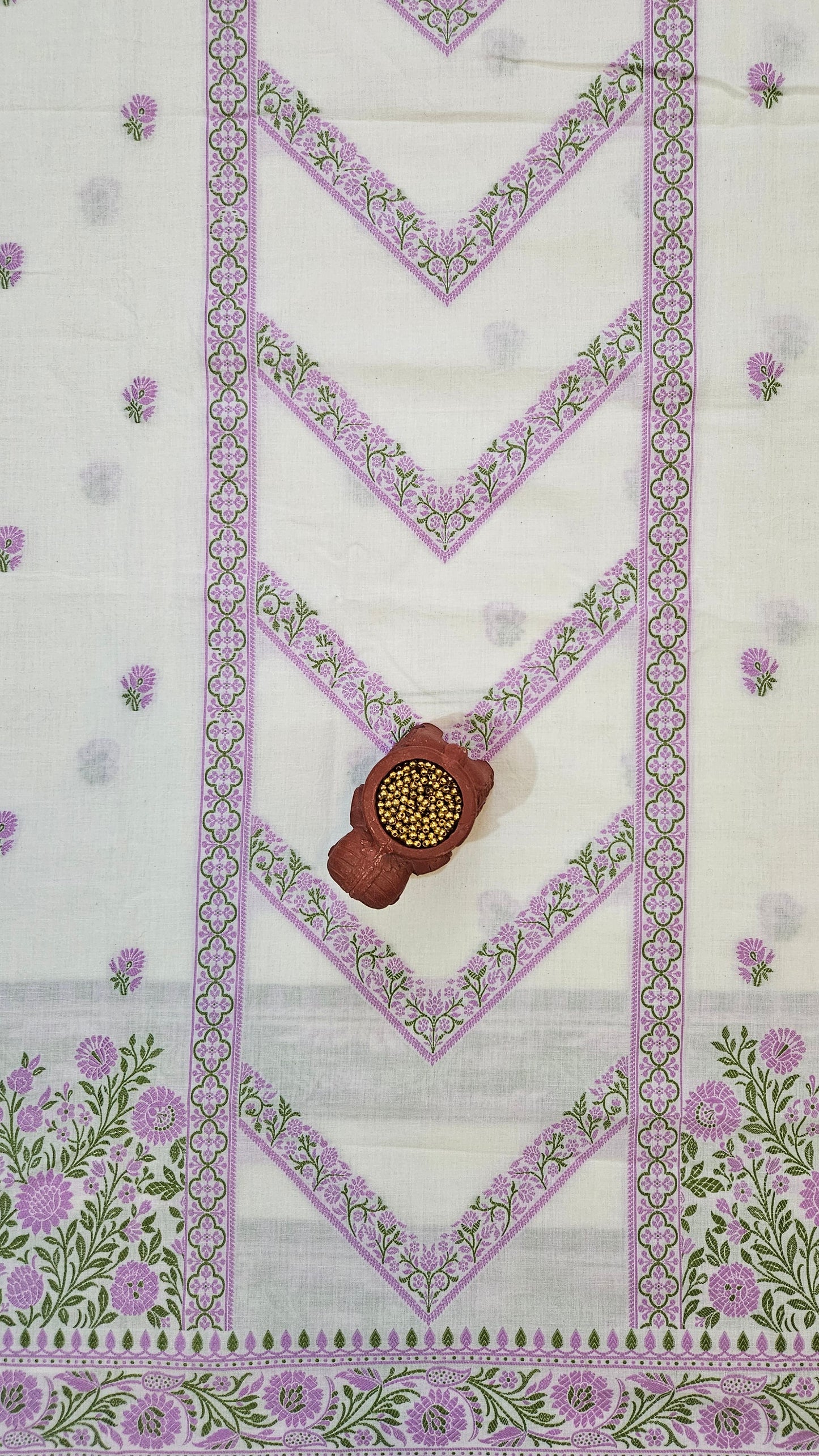 White lilac'n'green premium cotton banarsi resham weaved suit