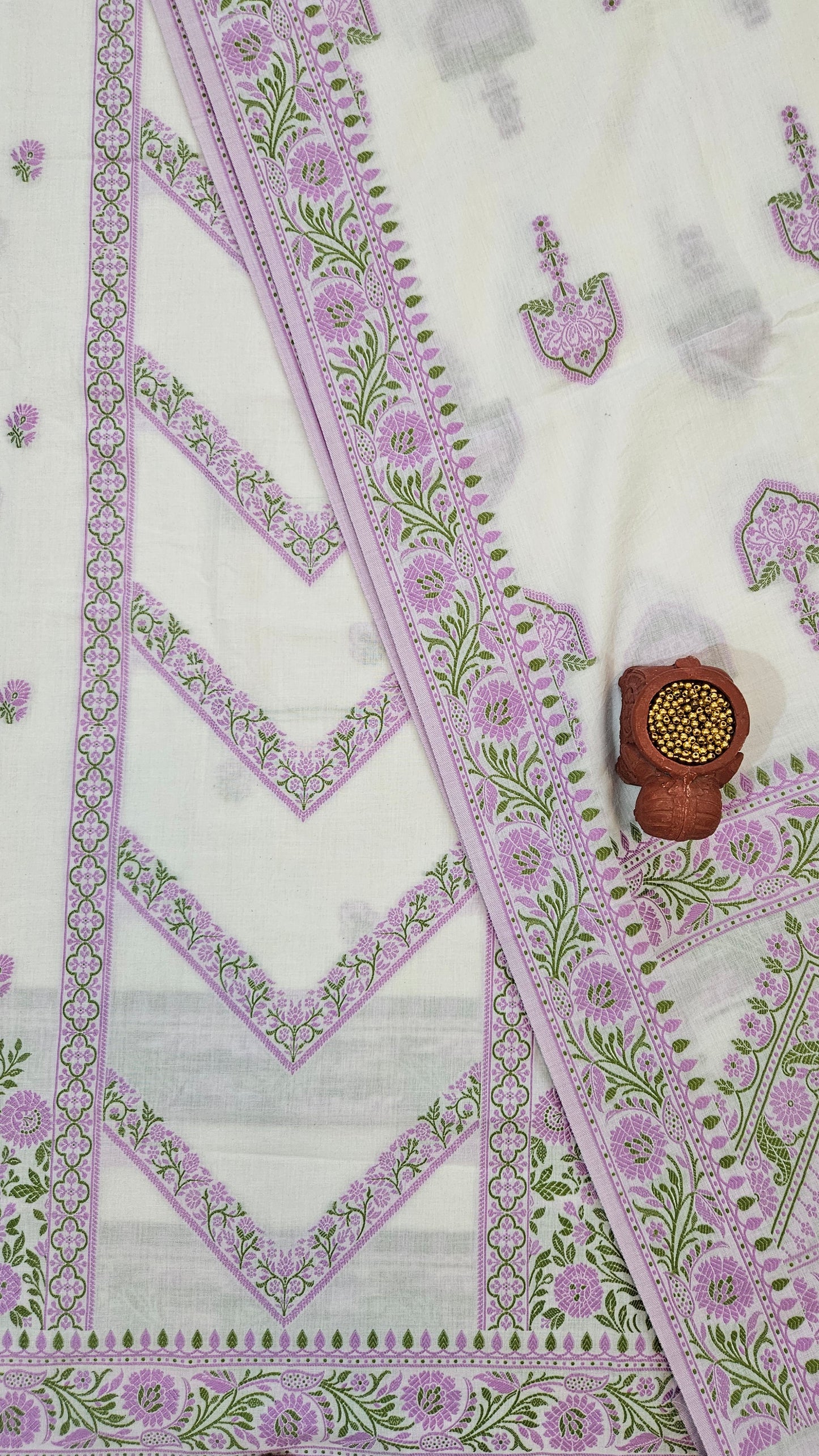 White lilac'n'green premium cotton banarsi resham weaved suit