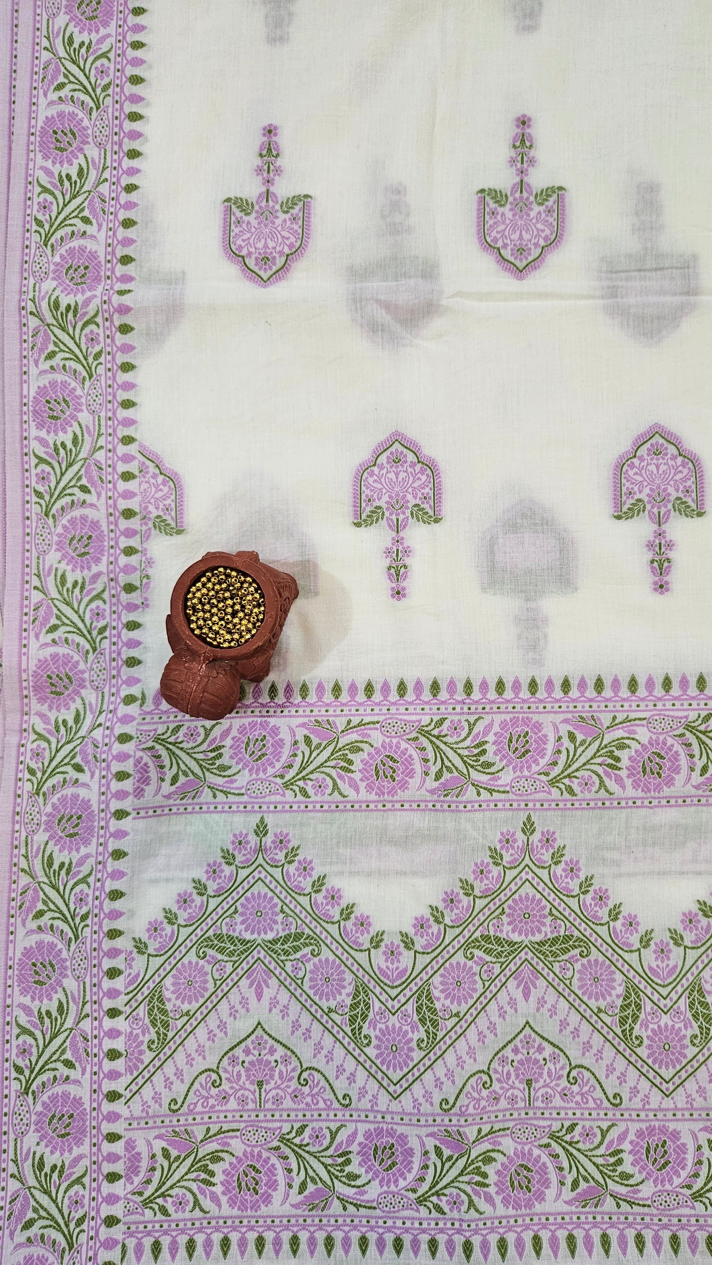 White lilac'n'green premium cotton banarsi resham weaved suit