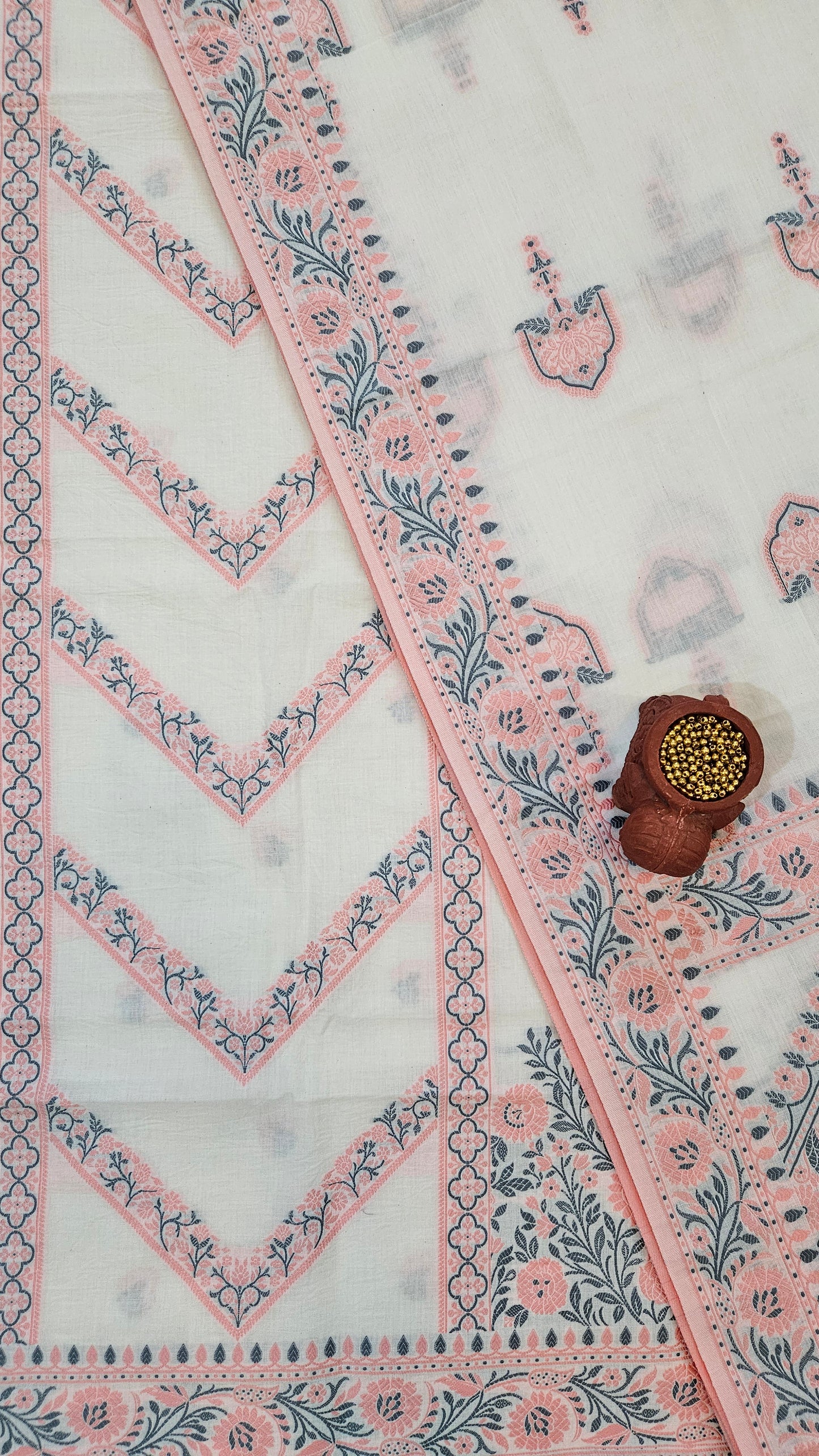 White peach'n'grey premium cotton banarsi resham weave suit.