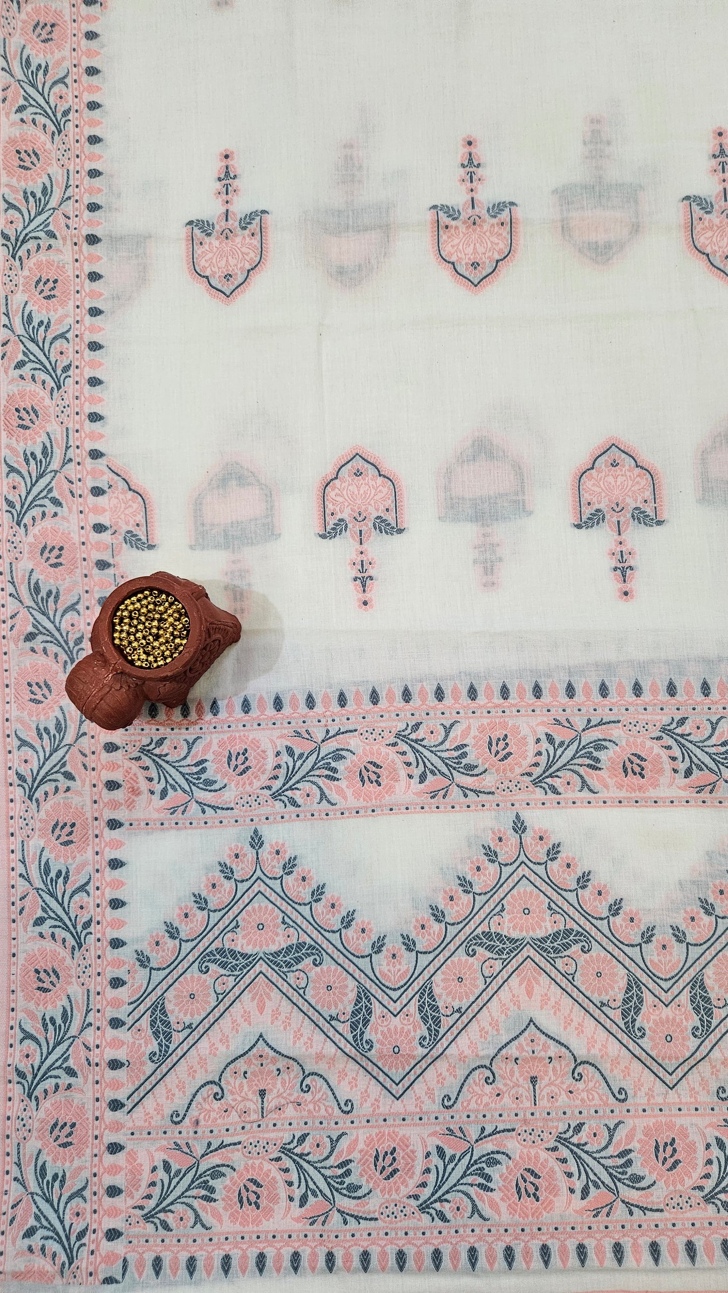 White peach'n'grey premium cotton banarsi resham weave suit.