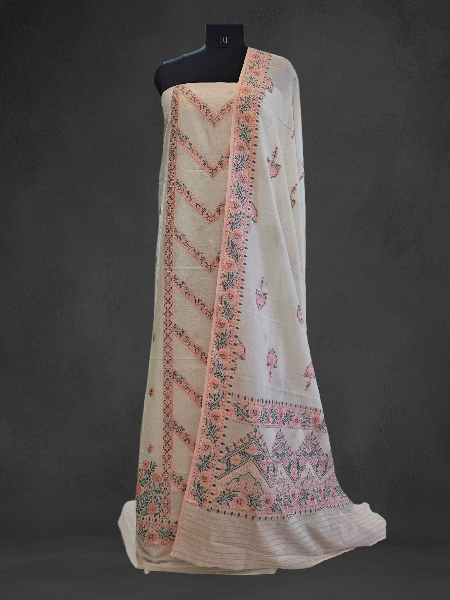 White peach'n'grey premium cotton banarsi resham weave suit.