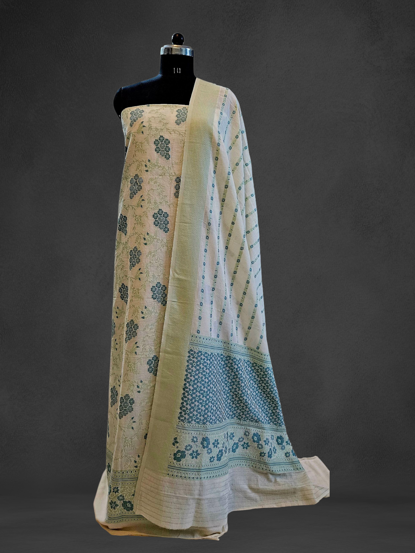 White'n'green premium cotton banarsi weave suit