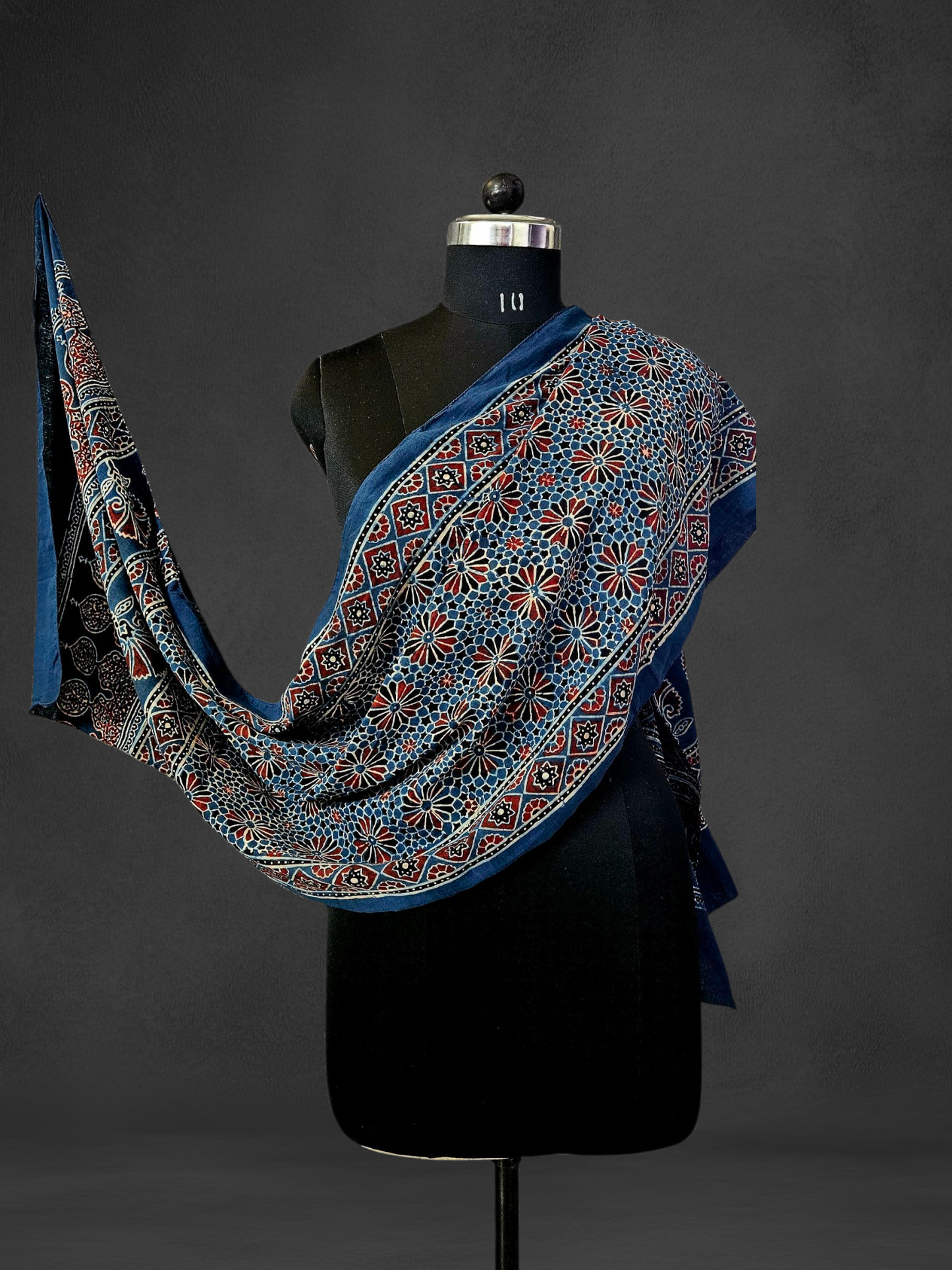 Blue red 'n'black ajrakh print mul cotton stole