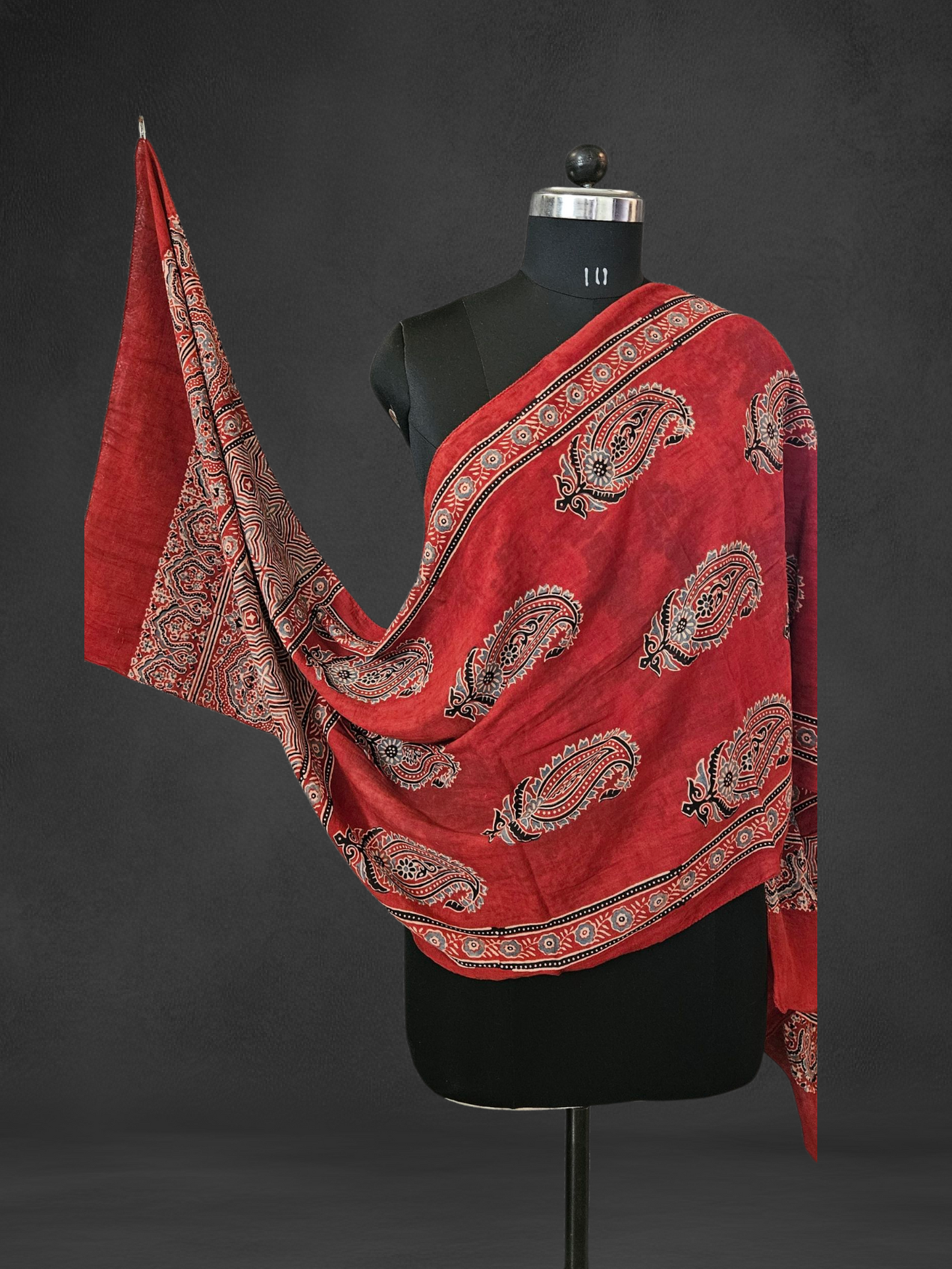 Brick red blue'n'black ajrakh print mul cotton stole