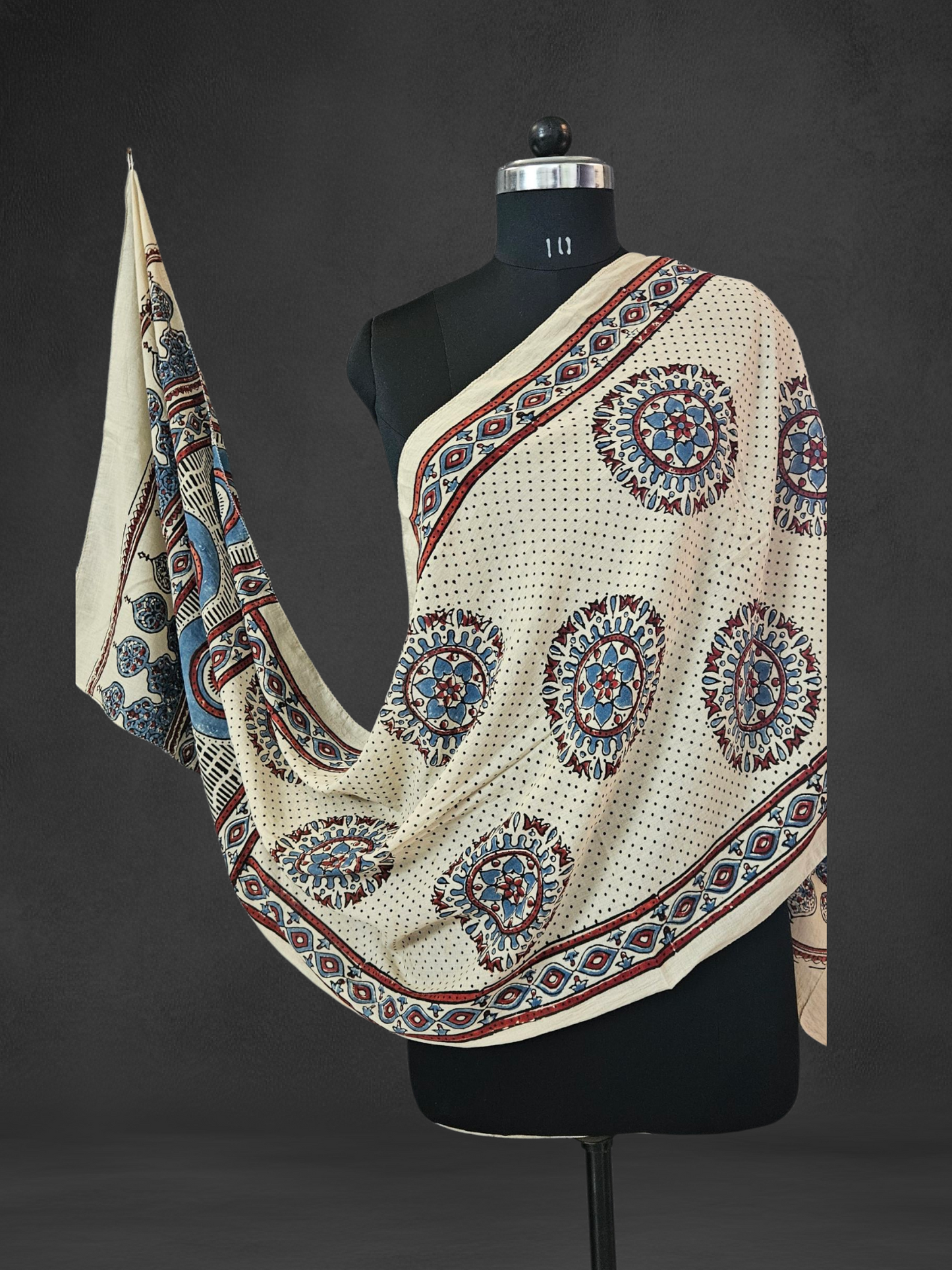 Off white red'n'blue ajrakh print mul cotton stole