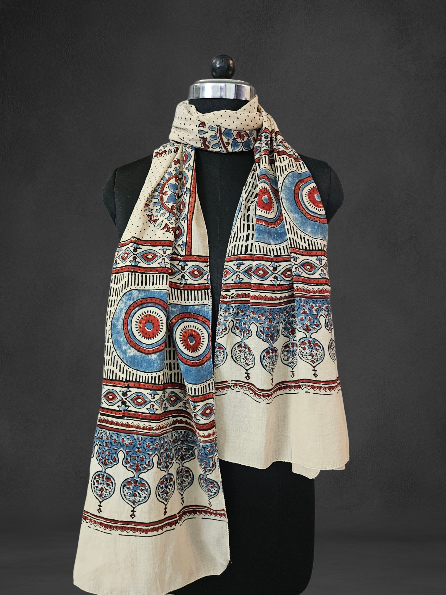Off white red'n'blue ajrakh print mul cotton stole