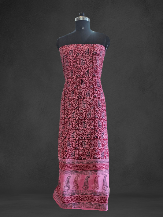 Pink maroon'n'black Dola silk kurta material with zari weaved borders