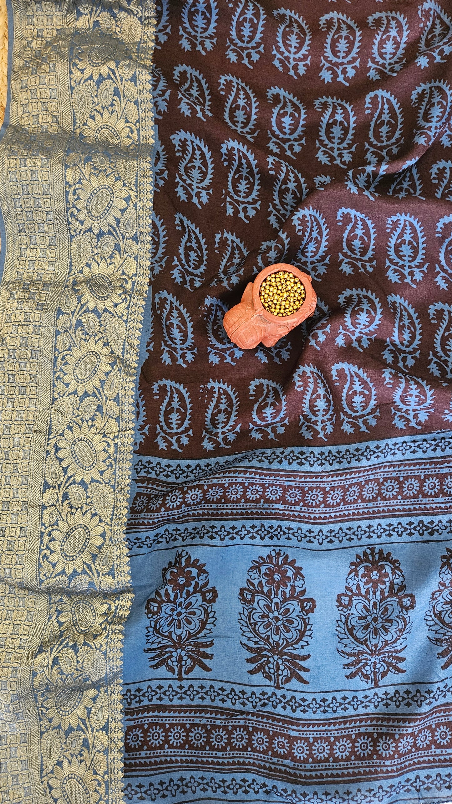 Blue'n'coffee Dola silk kurta material with weaved border
