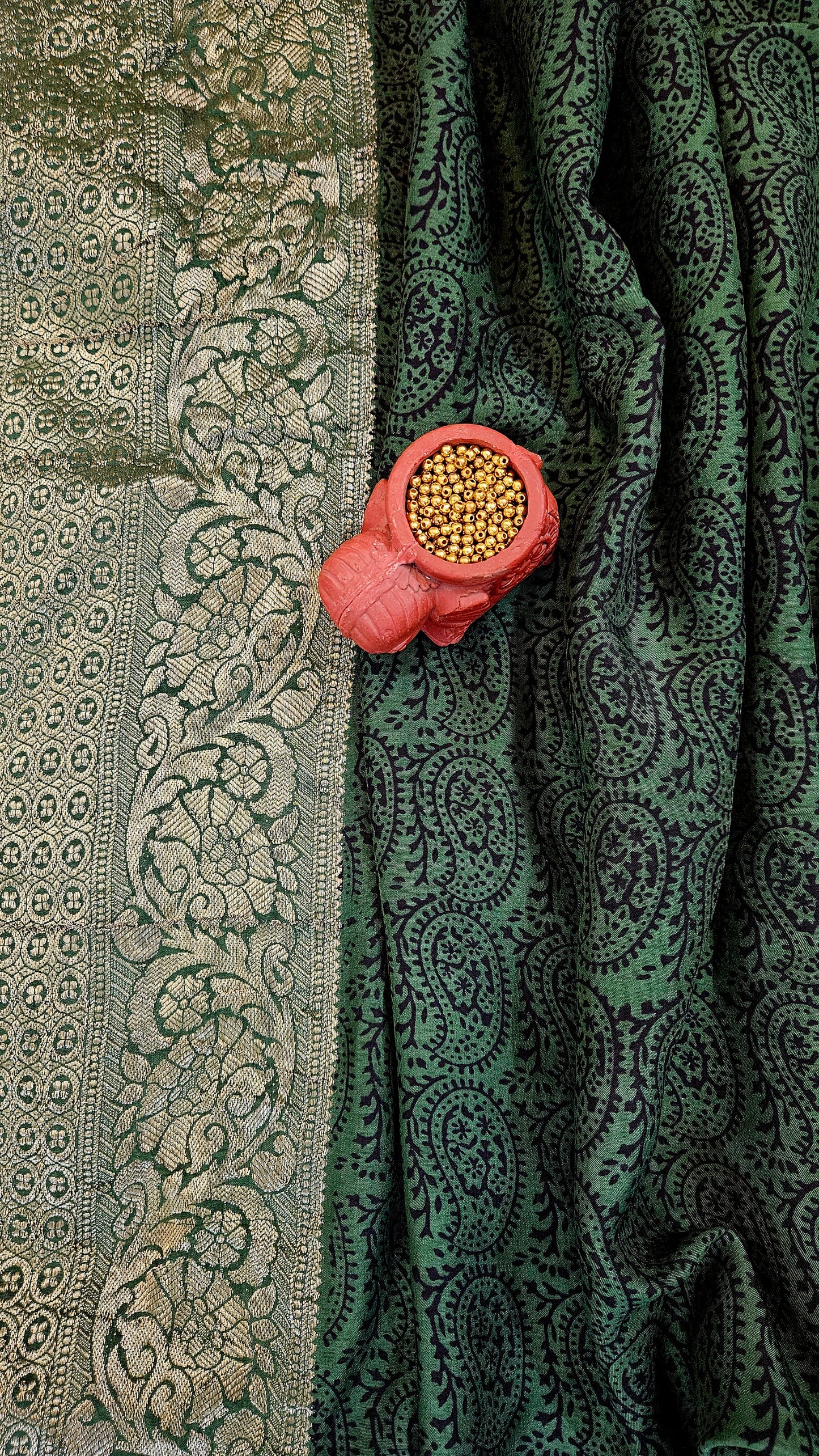 Green'n'black Dola silk kurta material with zari weaved borders