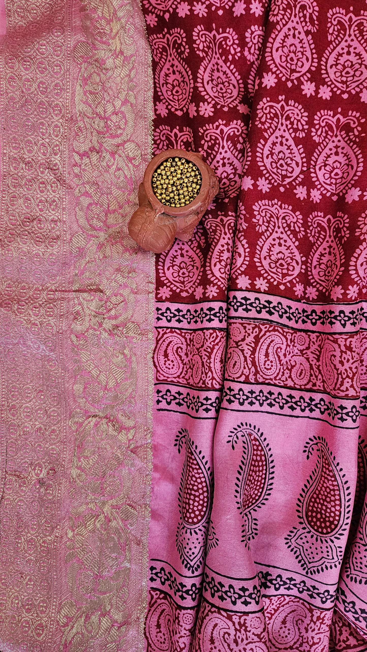 Pink'n'maroon Dola silk kurta material with zari weaved borders