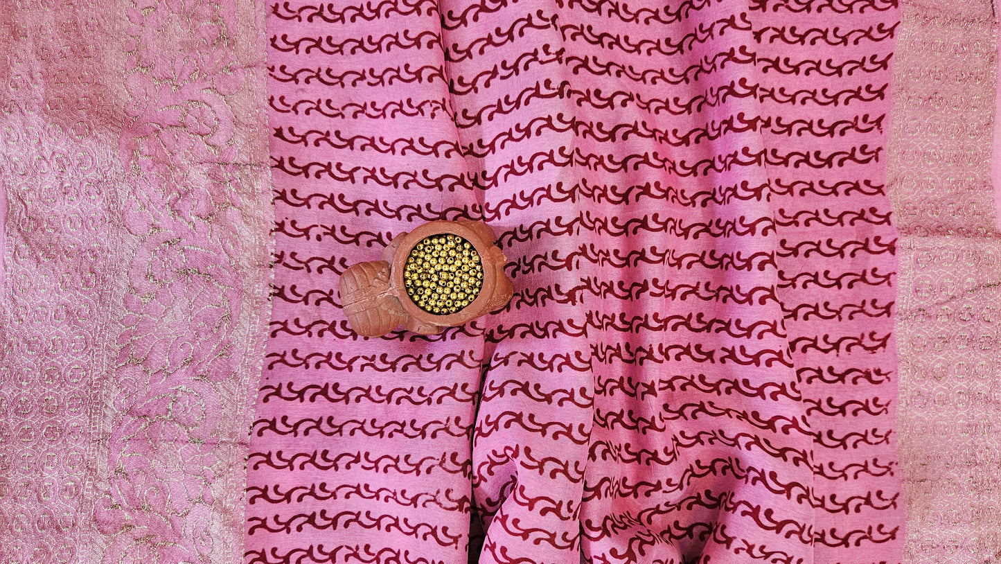 Pink'n'maroon Dola silk kurta material with zari weaved borders