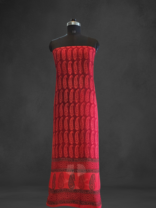 Red'n'black Dola silk bagh print kurta material with zari weaved borders