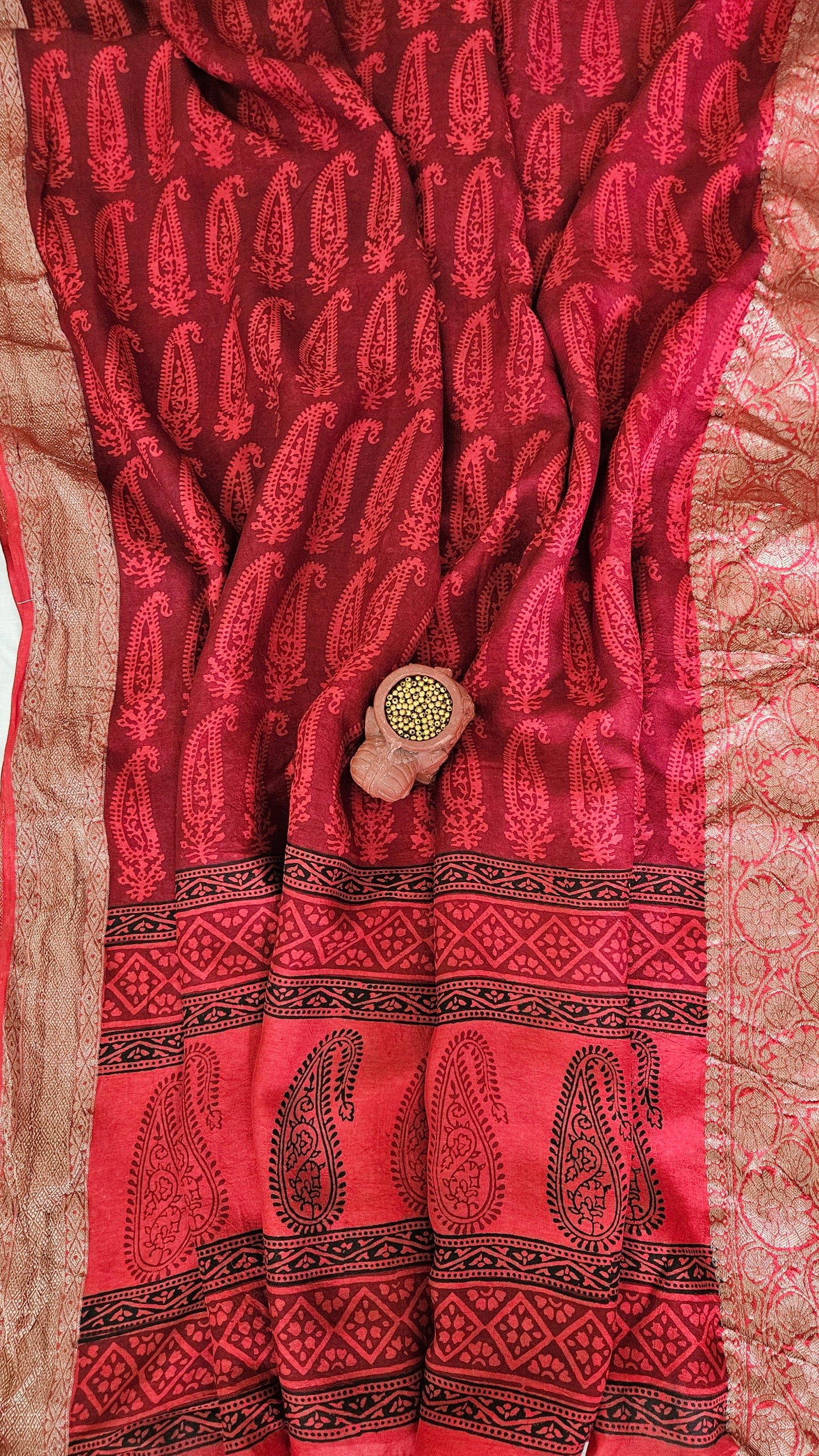 Red'n'black Dola silk bagh print kurta material with zari weaved borders