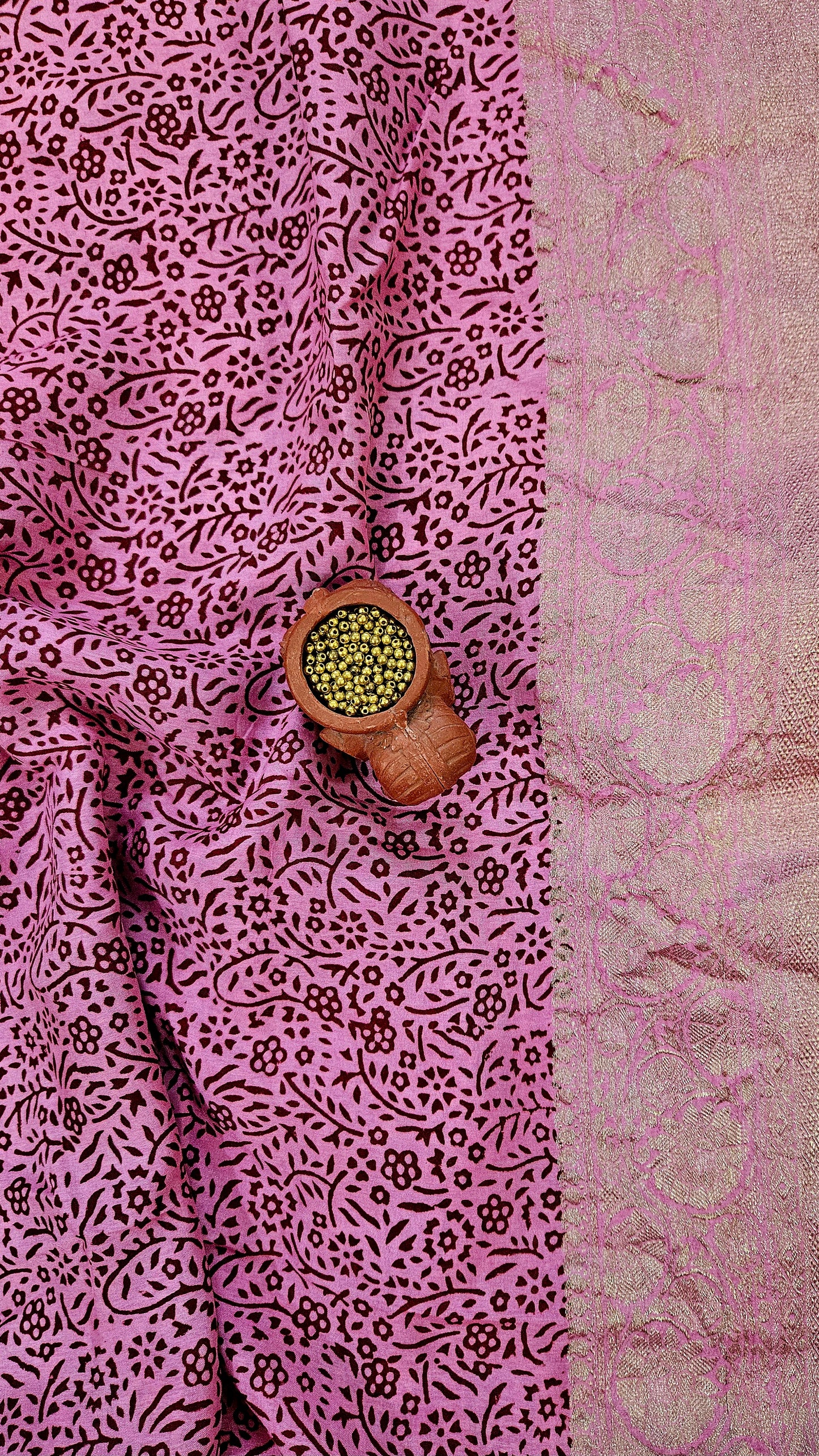 Pink maroon'n'black Dola silk kurta material with zari weaved borders