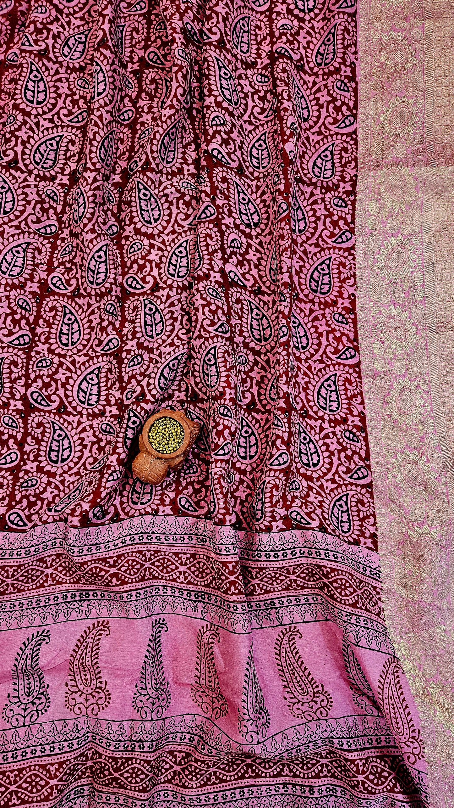 Pink maroon'n'black Dola silk kurta material with zari weaved borders