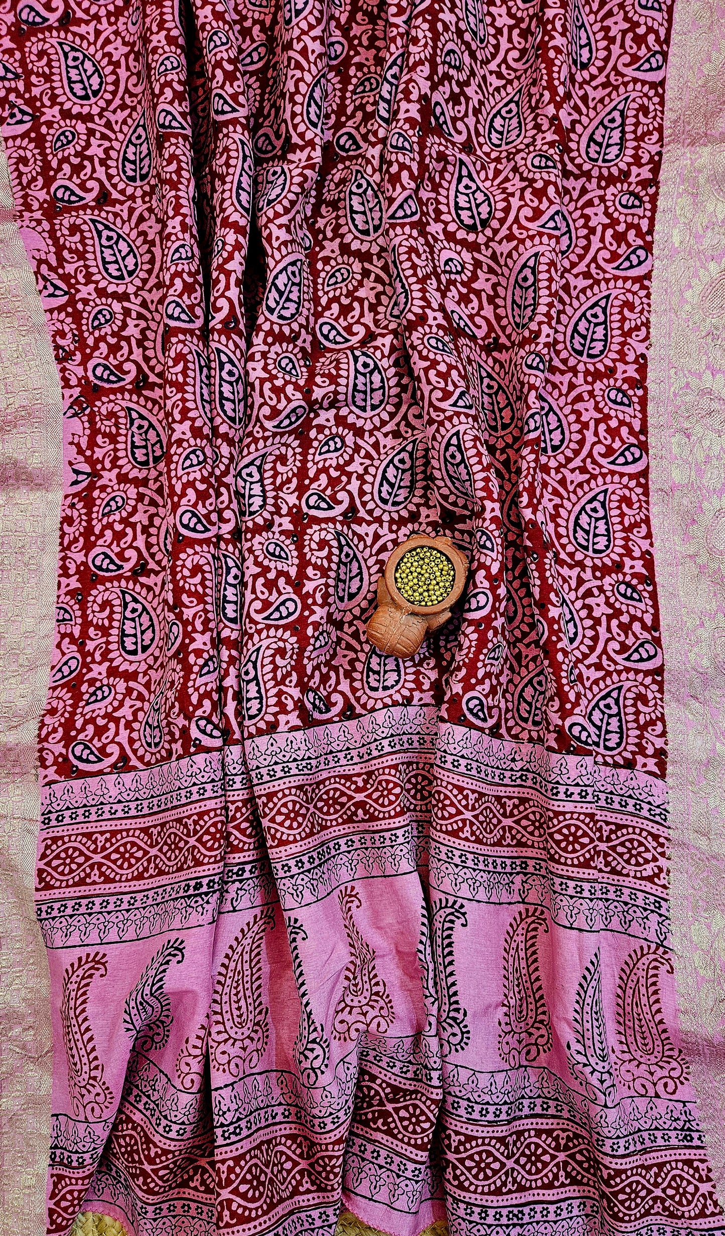 Pink maroon'n'black Dola silk kurta material with zari weaved borders