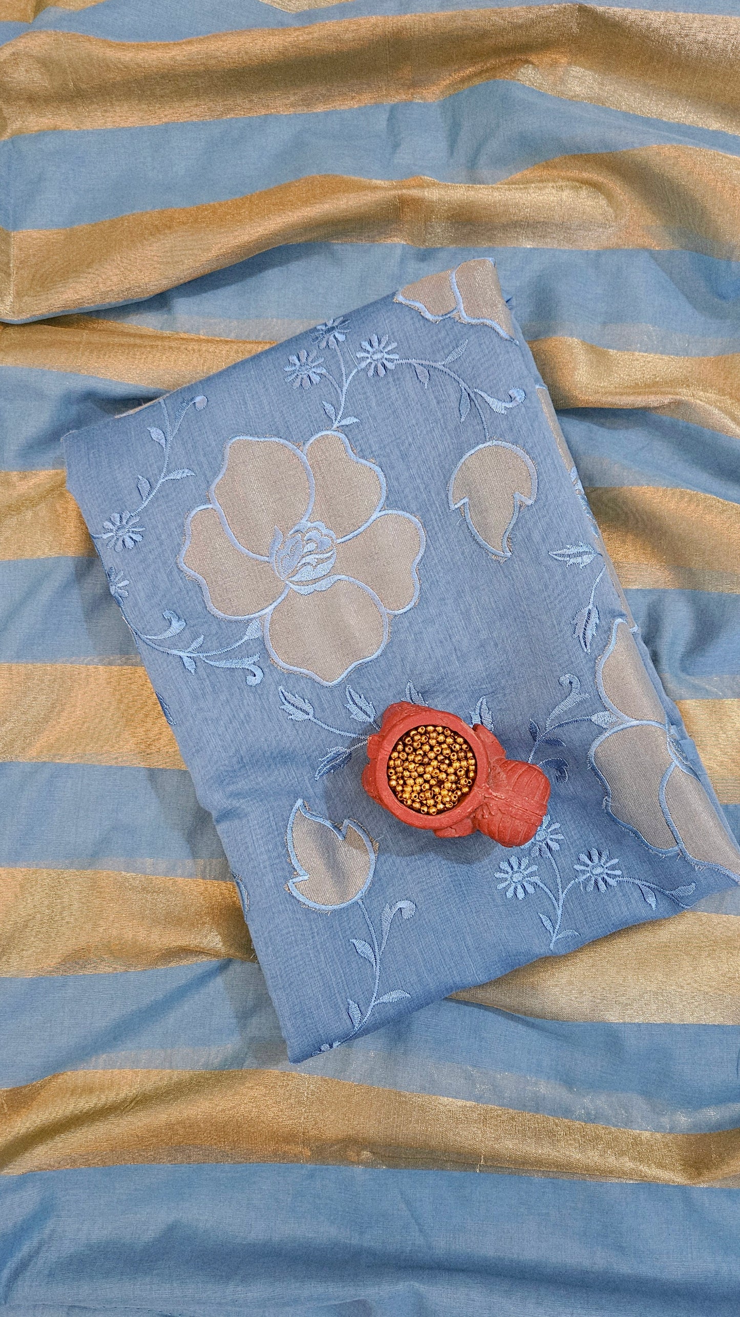 Blue'n'gold mul chanderi suit with striped dupatta