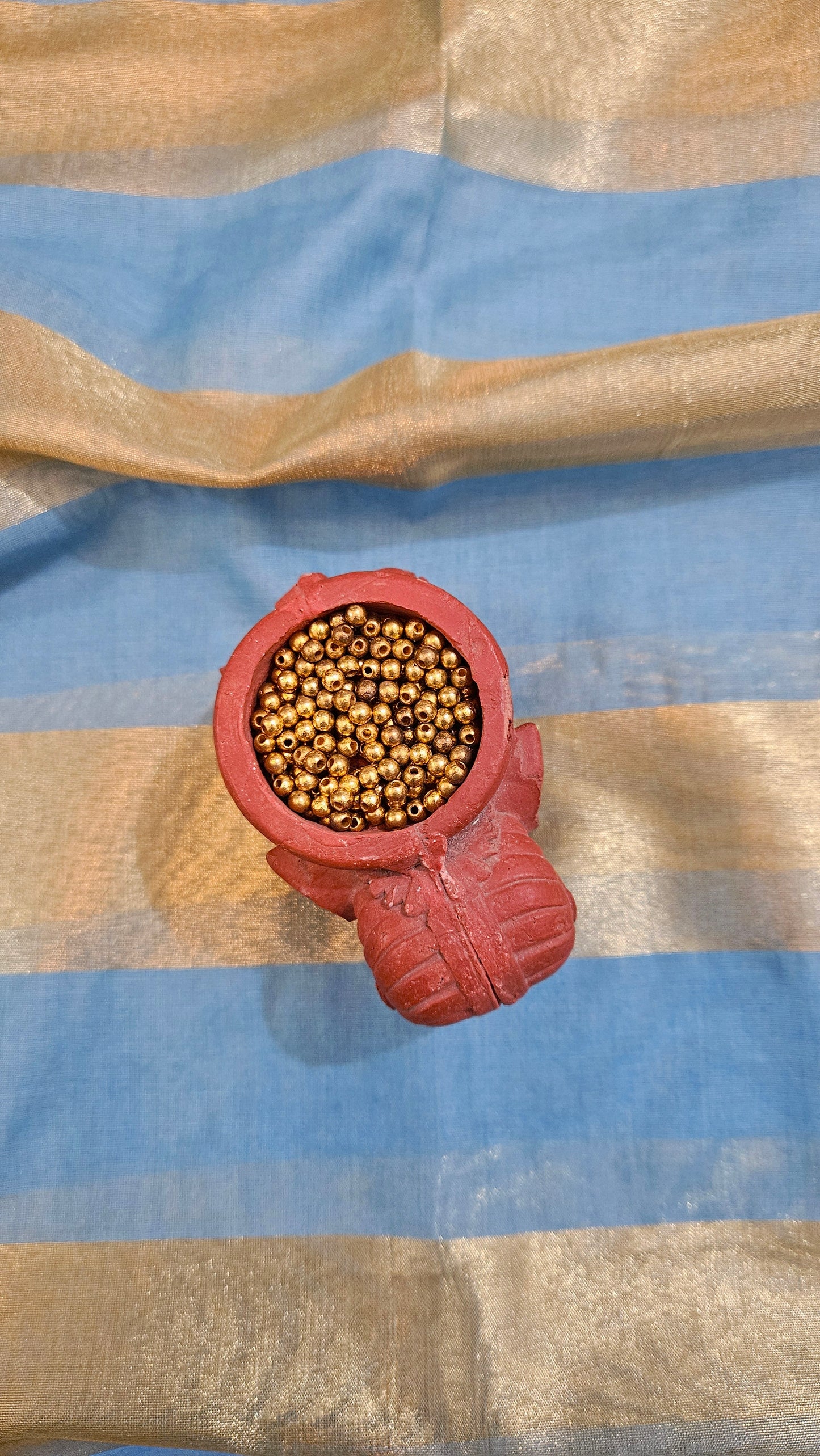 Blue'n'gold mul chanderi suit with striped dupatta