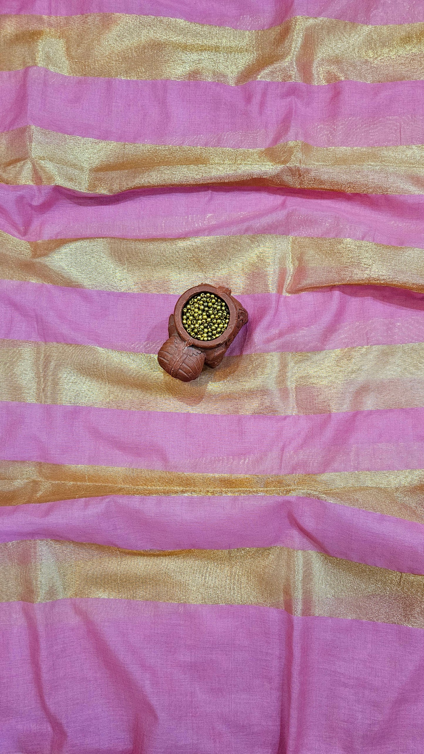 Pink'n'gold mul chanderi suit with Striped dupatta
