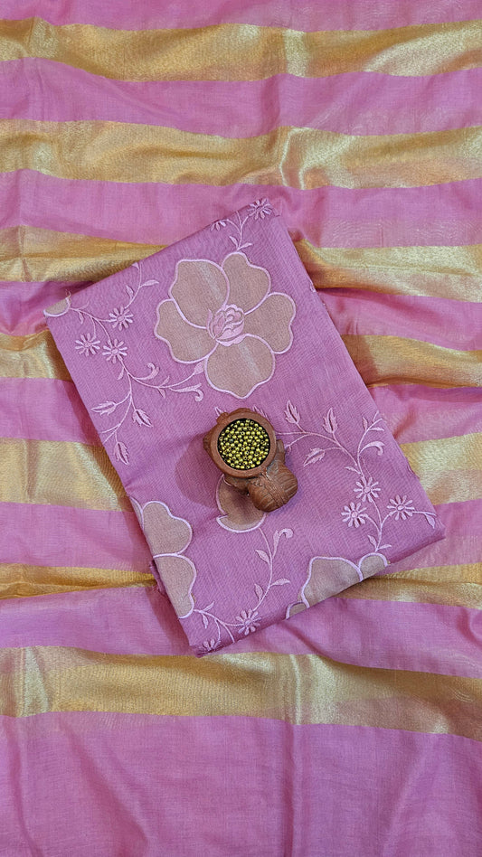 Pink'n'gold mul chanderi suit with Striped dupatta