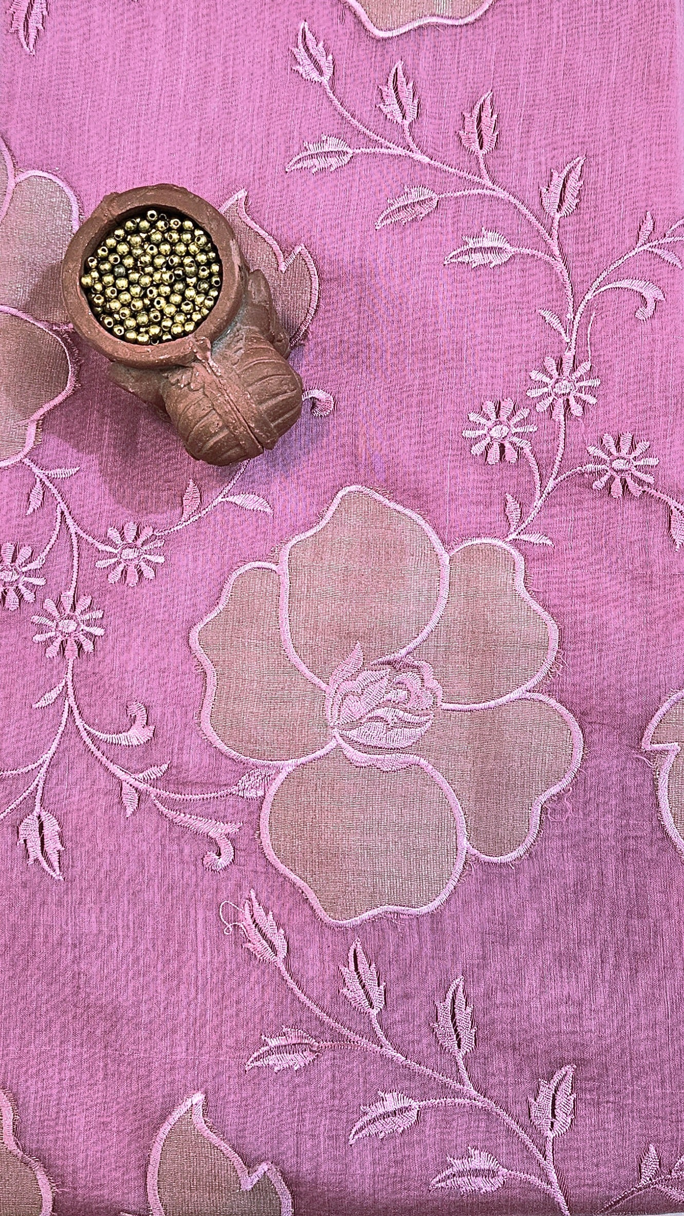 Pink'n'gold mul chanderi suit with Striped dupatta