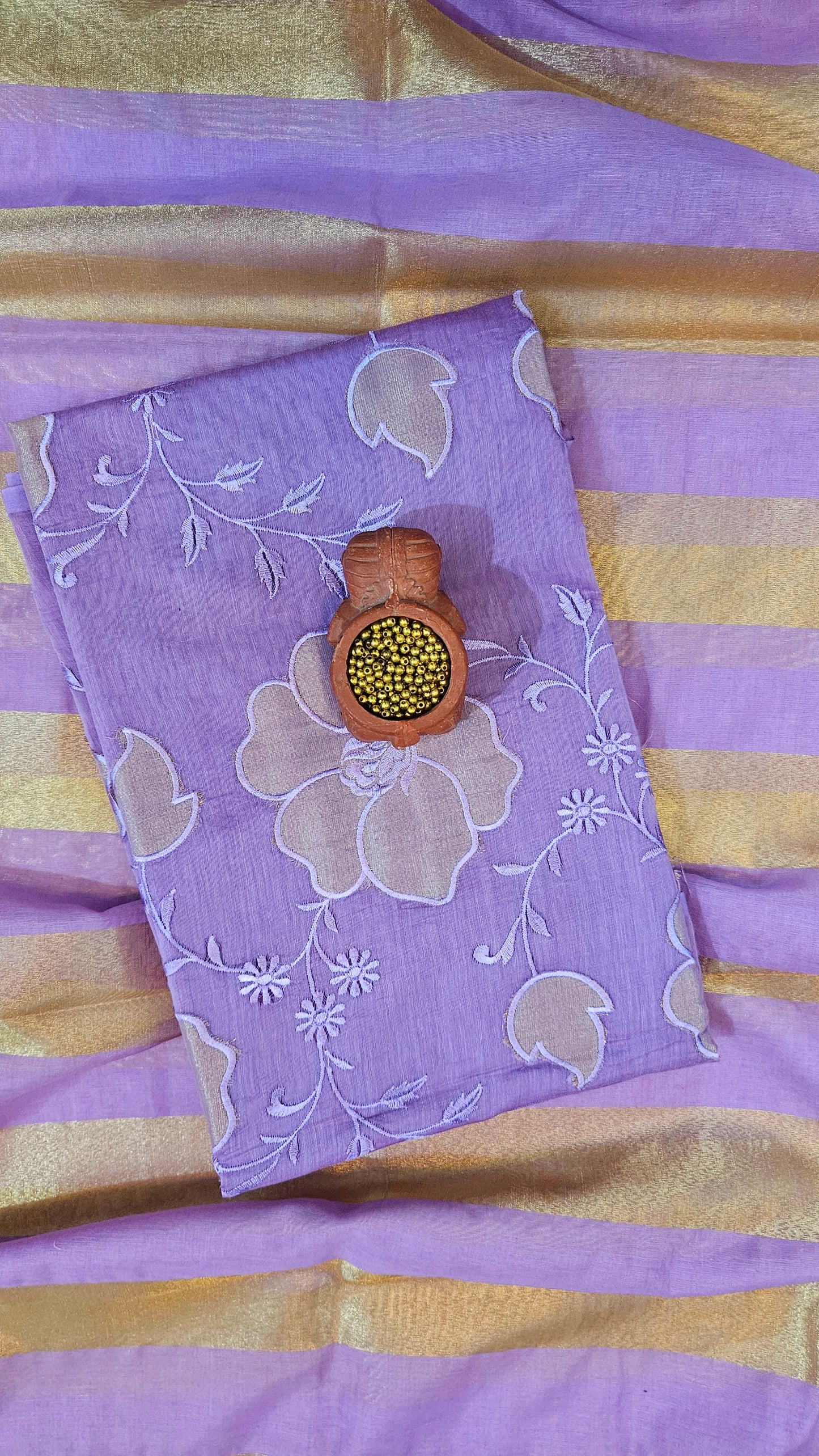 Lilac'n'gold mul chanderi suit with striped dupatta