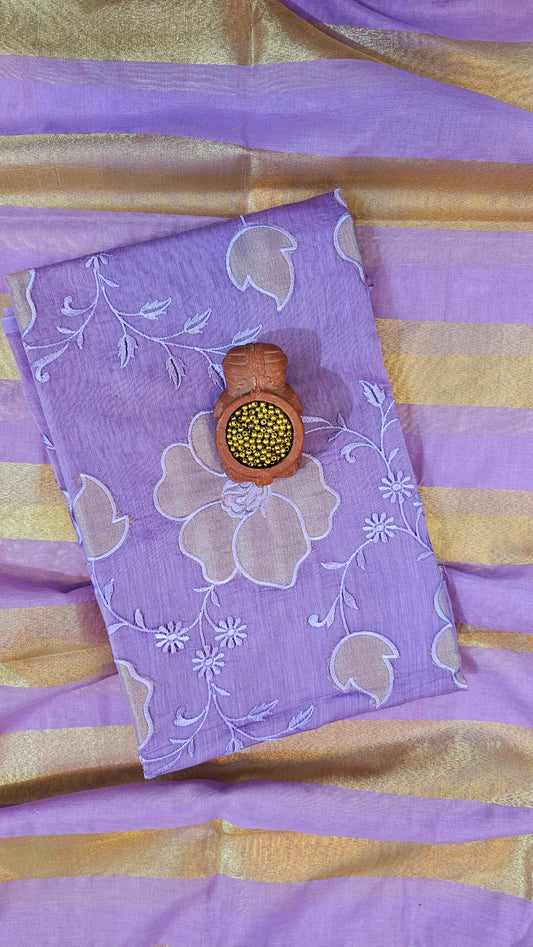 Lilac'n'gold mul chanderi suit with striped dupatta