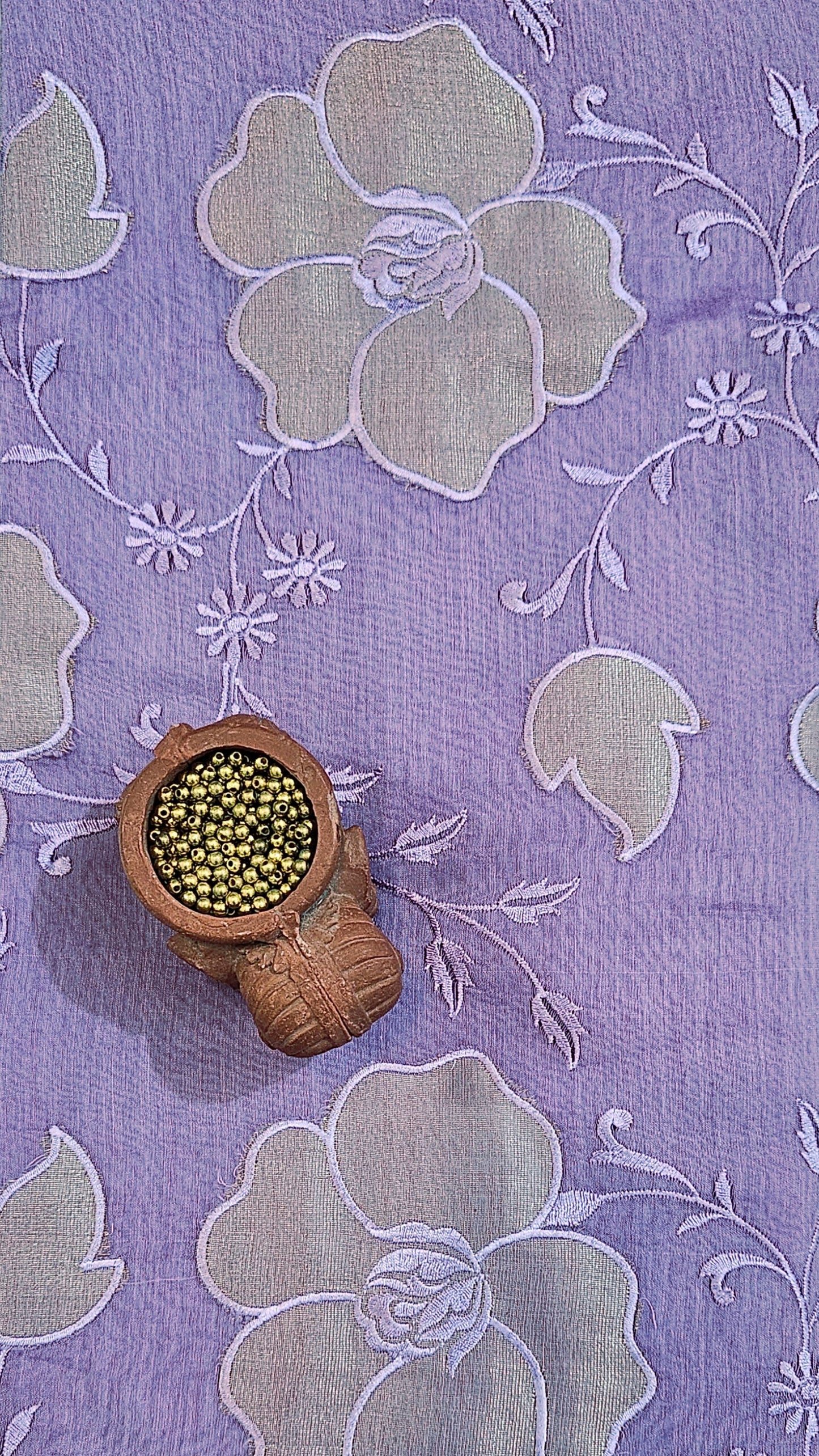 Lilac'n'gold mul chanderi suit with striped dupatta