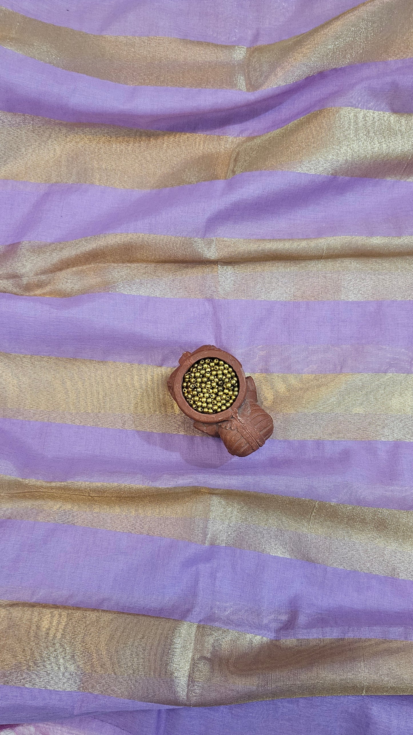 Lilac'n'gold mul chanderi suit with striped dupatta