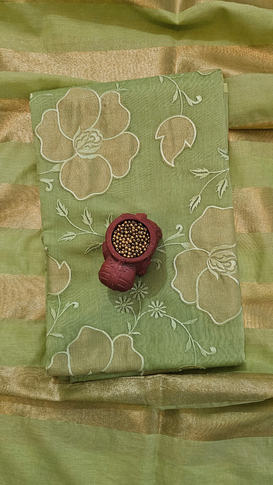 Green'n'gold mul chanderi suit with striped dupatta