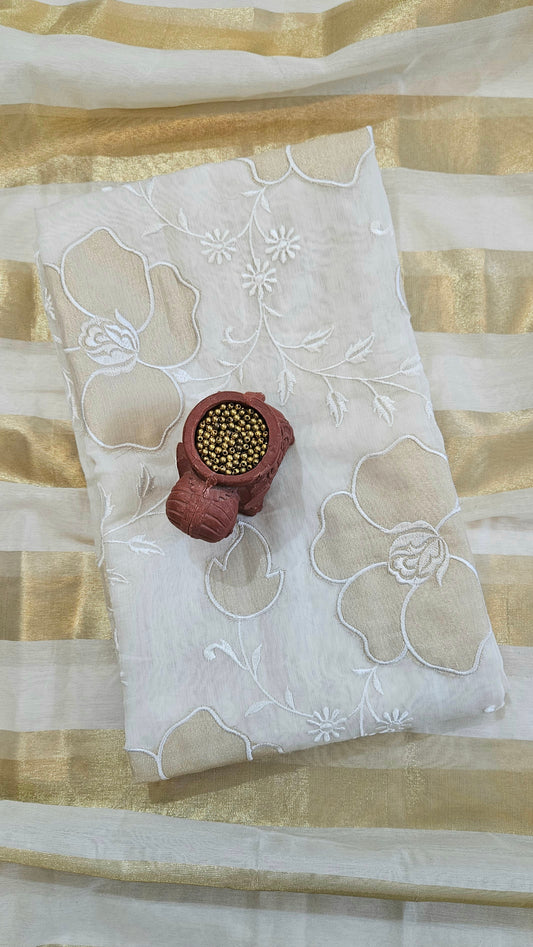 White'n'gold mul chanderi suit with striped dupatta