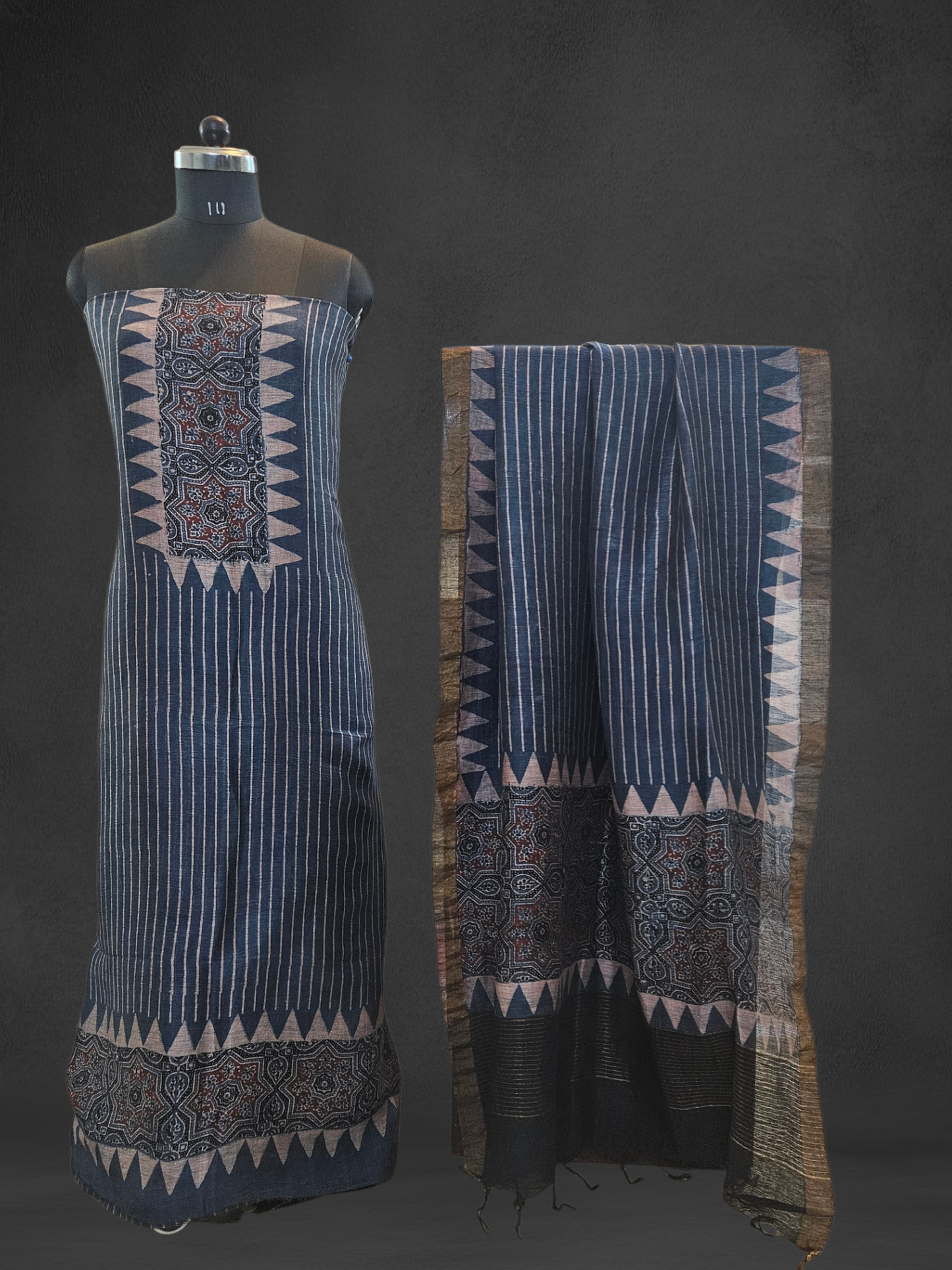 Indigo linen Silk suit in ajrakh print