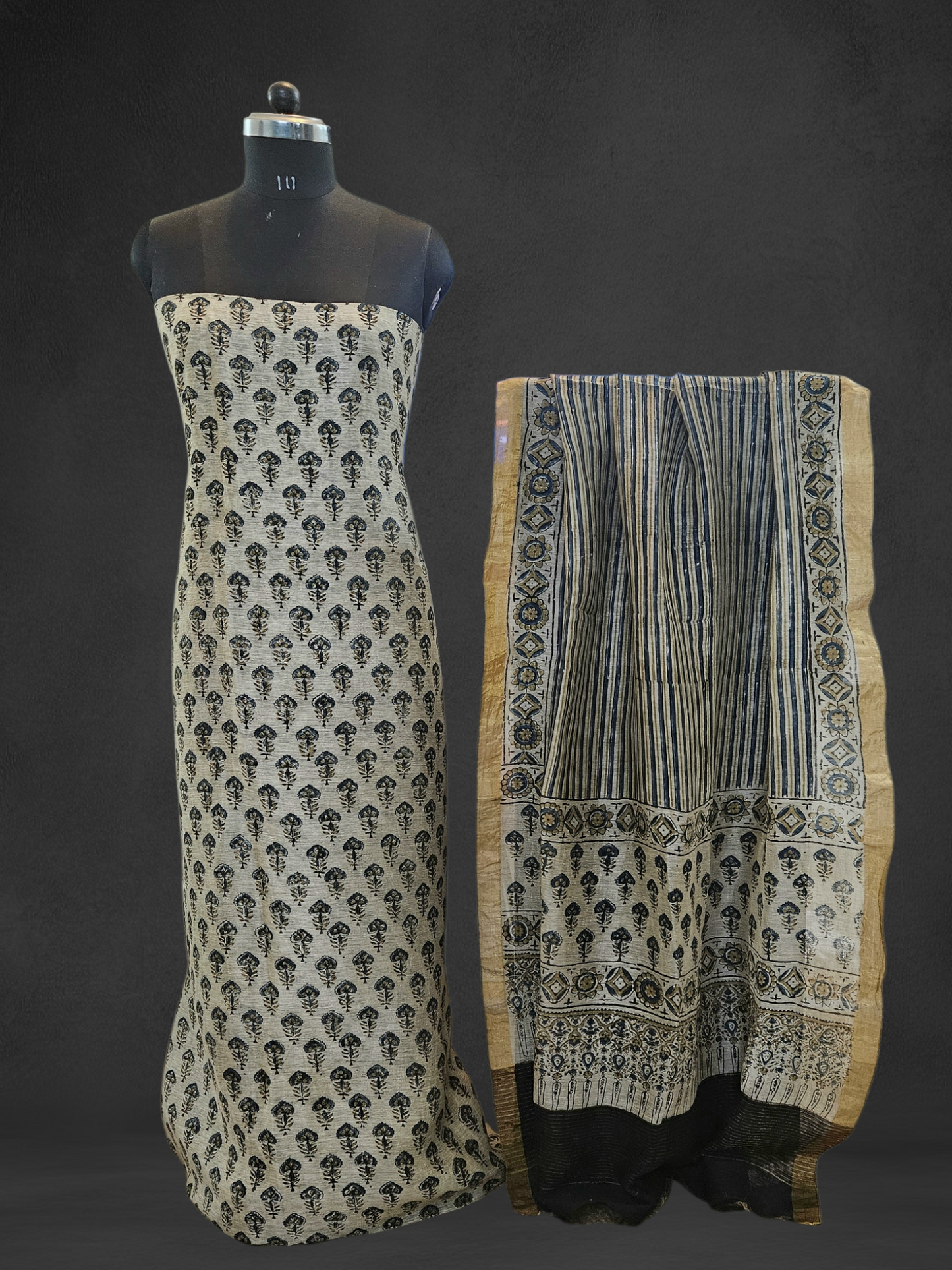 Beige linen Silk suit in ajrakh print
