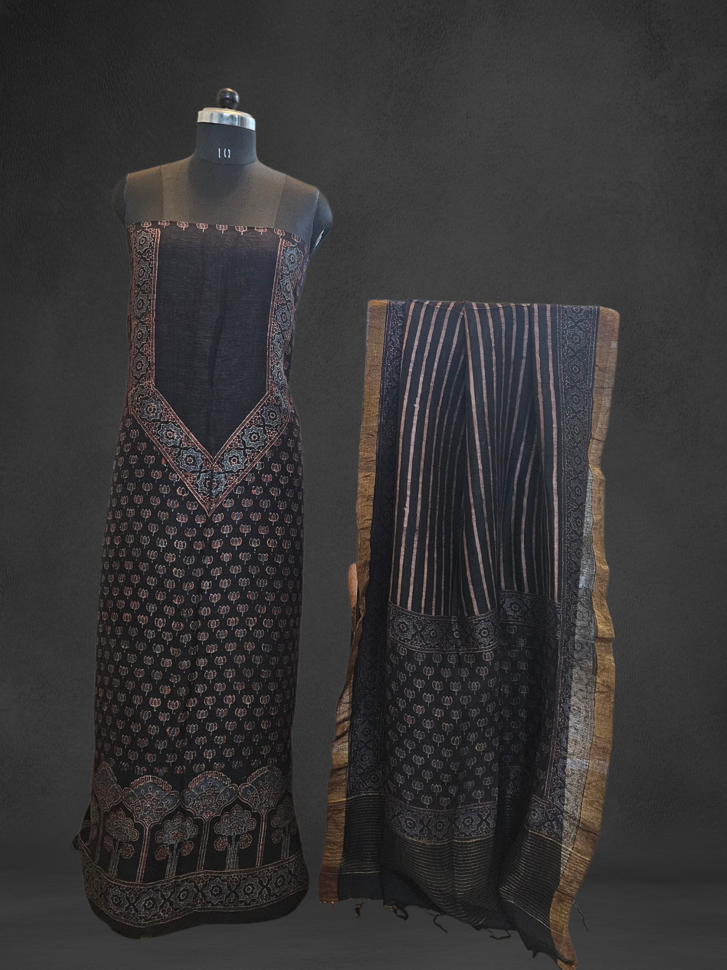 Black linen silk suit in ajrakh print