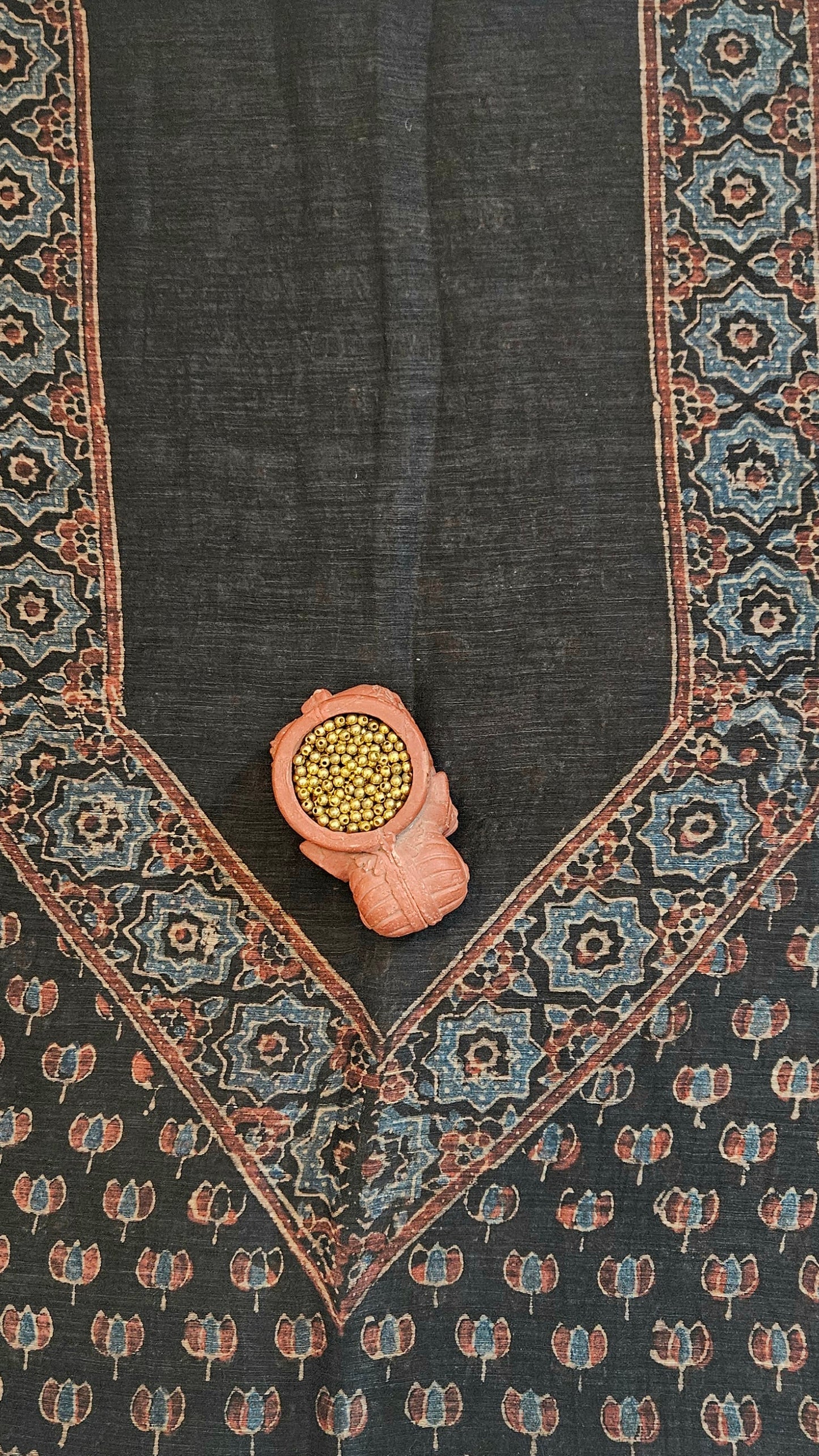 Black linen silk suit in ajrakh print