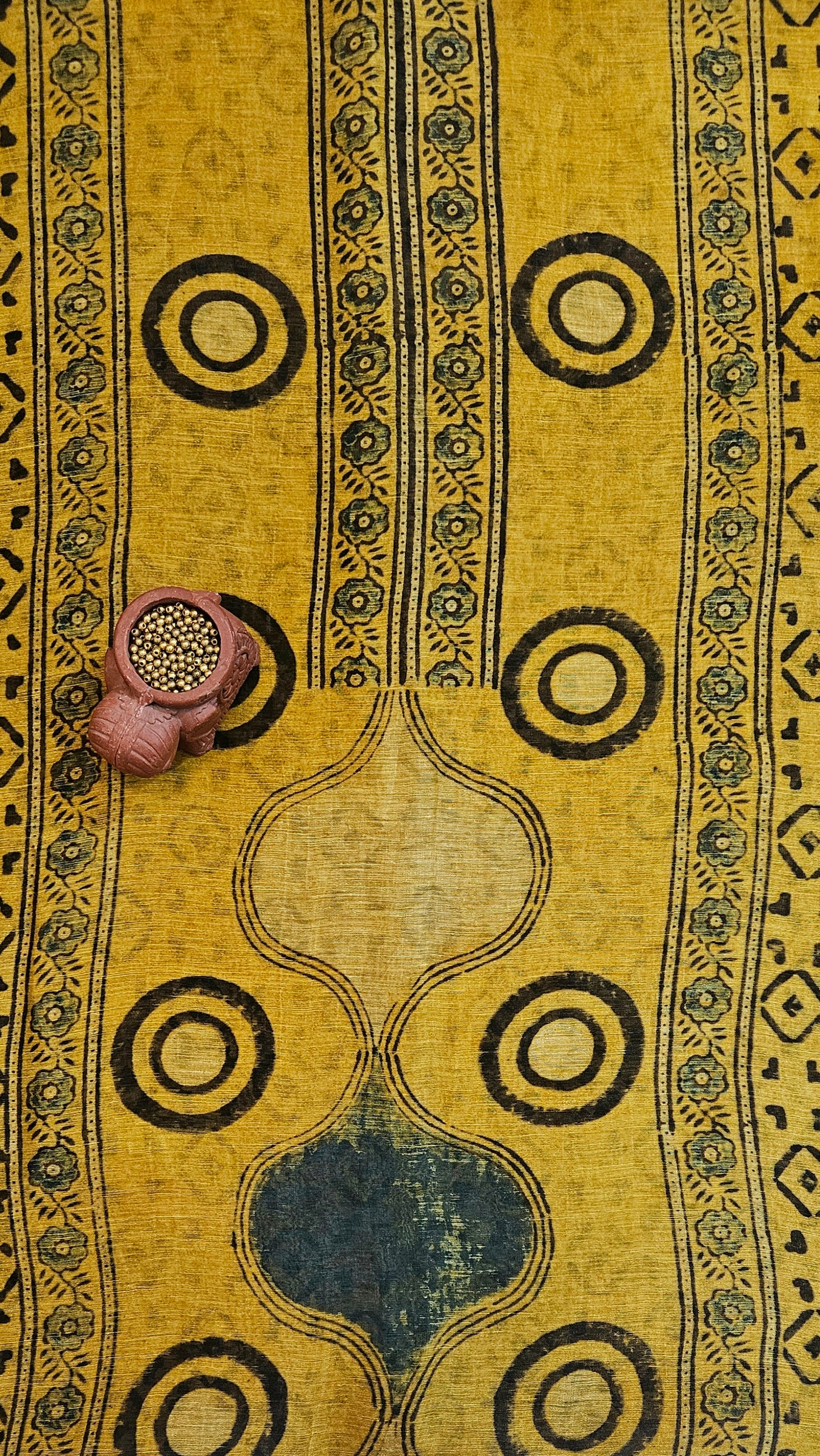 Mustard yellow linen silk suit with ajrakh print