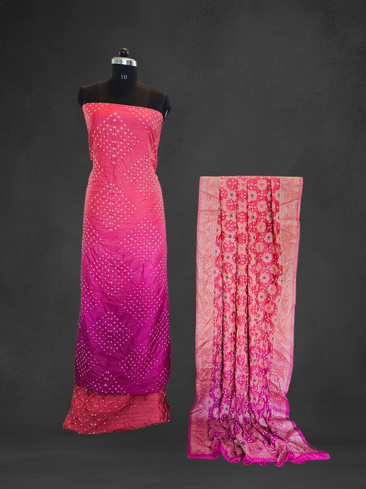 Rani pink'n'peach bandhani dupion silk suit