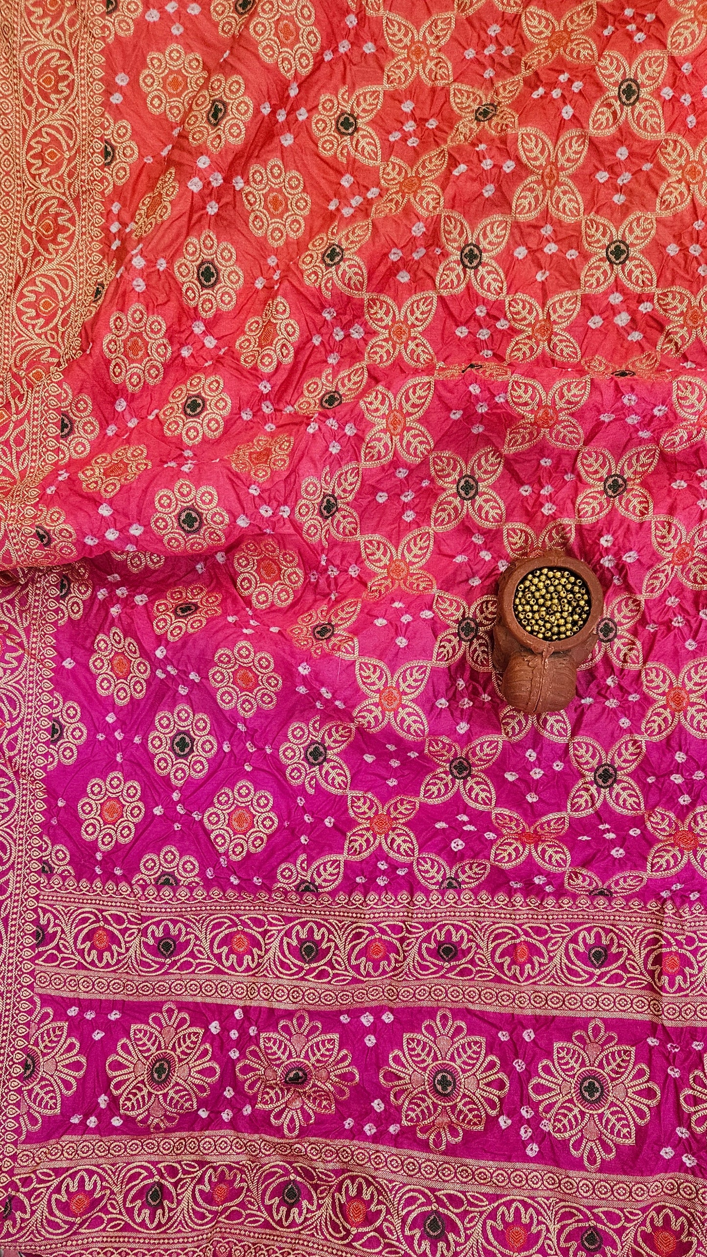 Rani pink'n'peach bandhani dupion silk suit