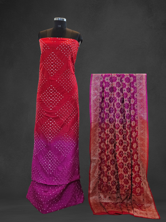 Red'n'rani pink bandhani dupion silk suit