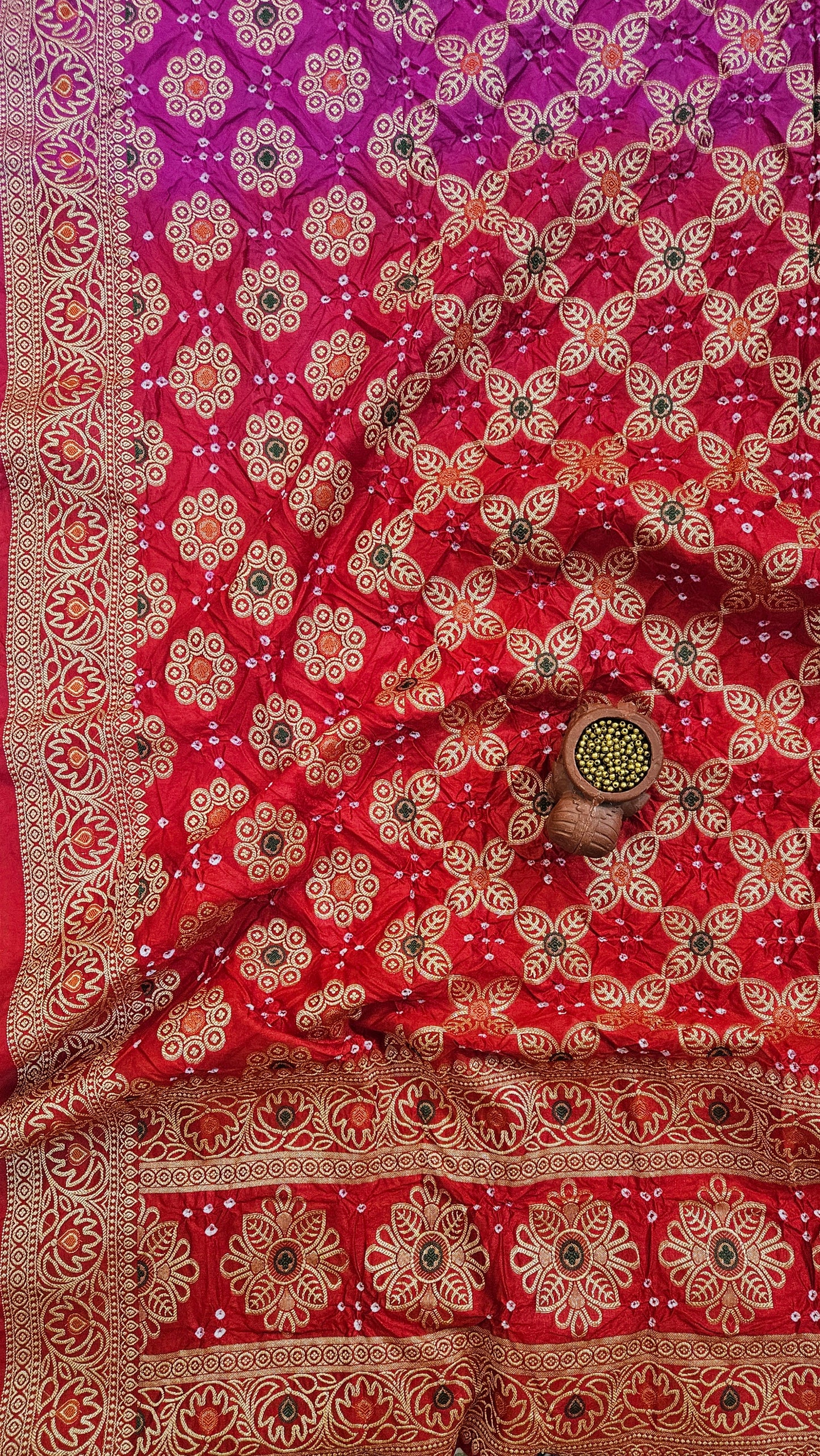 Red'n'rani pink bandhani dupion silk suit