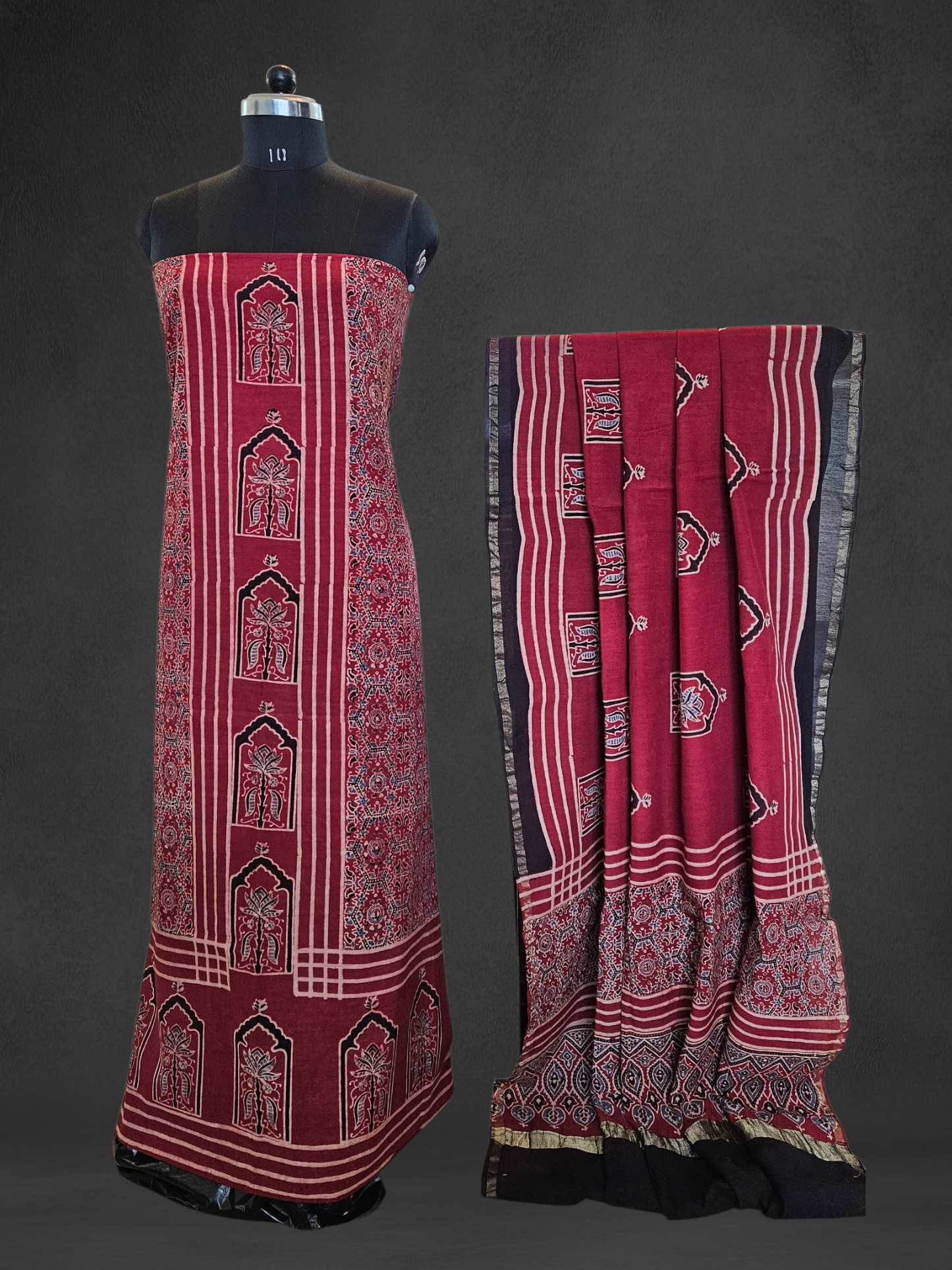 Maroon black'n'beige ajrakh print front panel chanderi suit