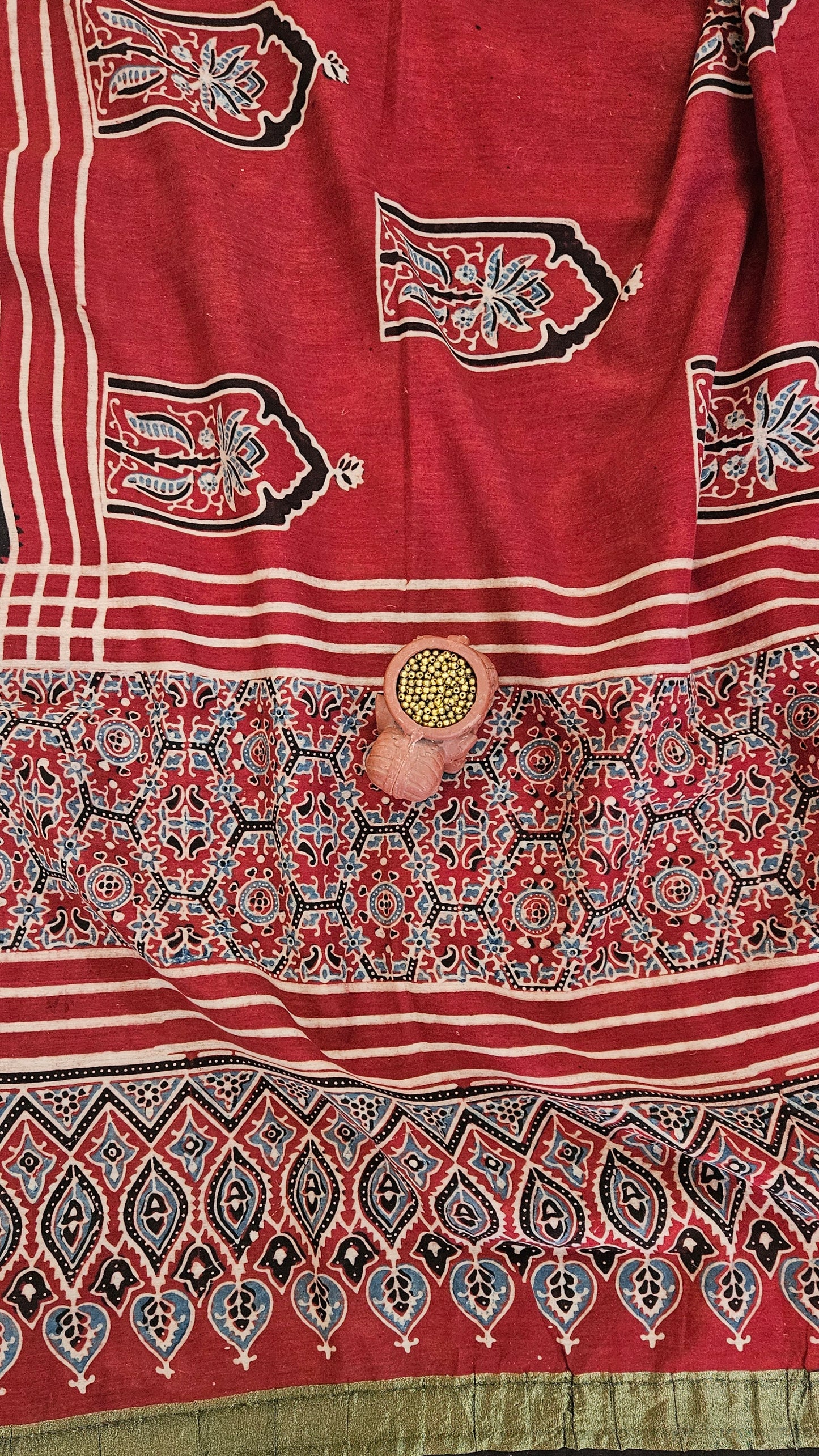 Maroon black'n'beige ajrakh print front panel chanderi suit