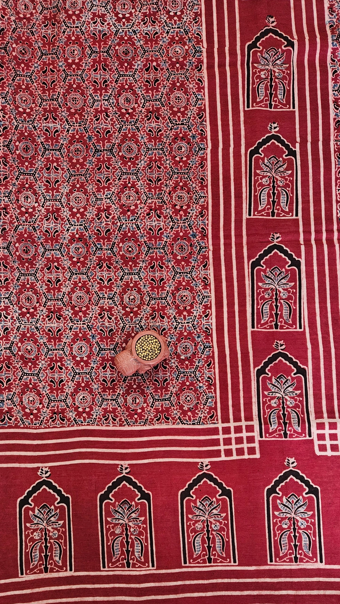 Maroon black'n'beige ajrakh print front panel chanderi suit