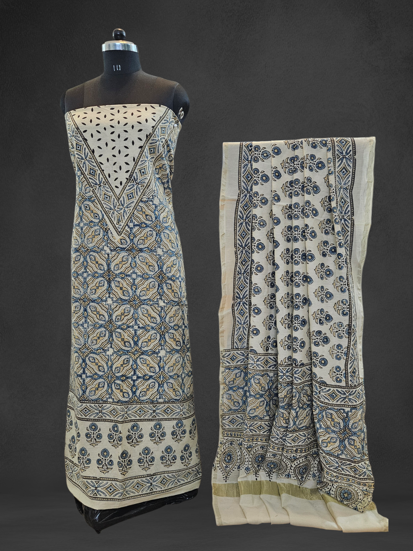 Beige'n'blue ajrakh print Chanderi cotton silk suit